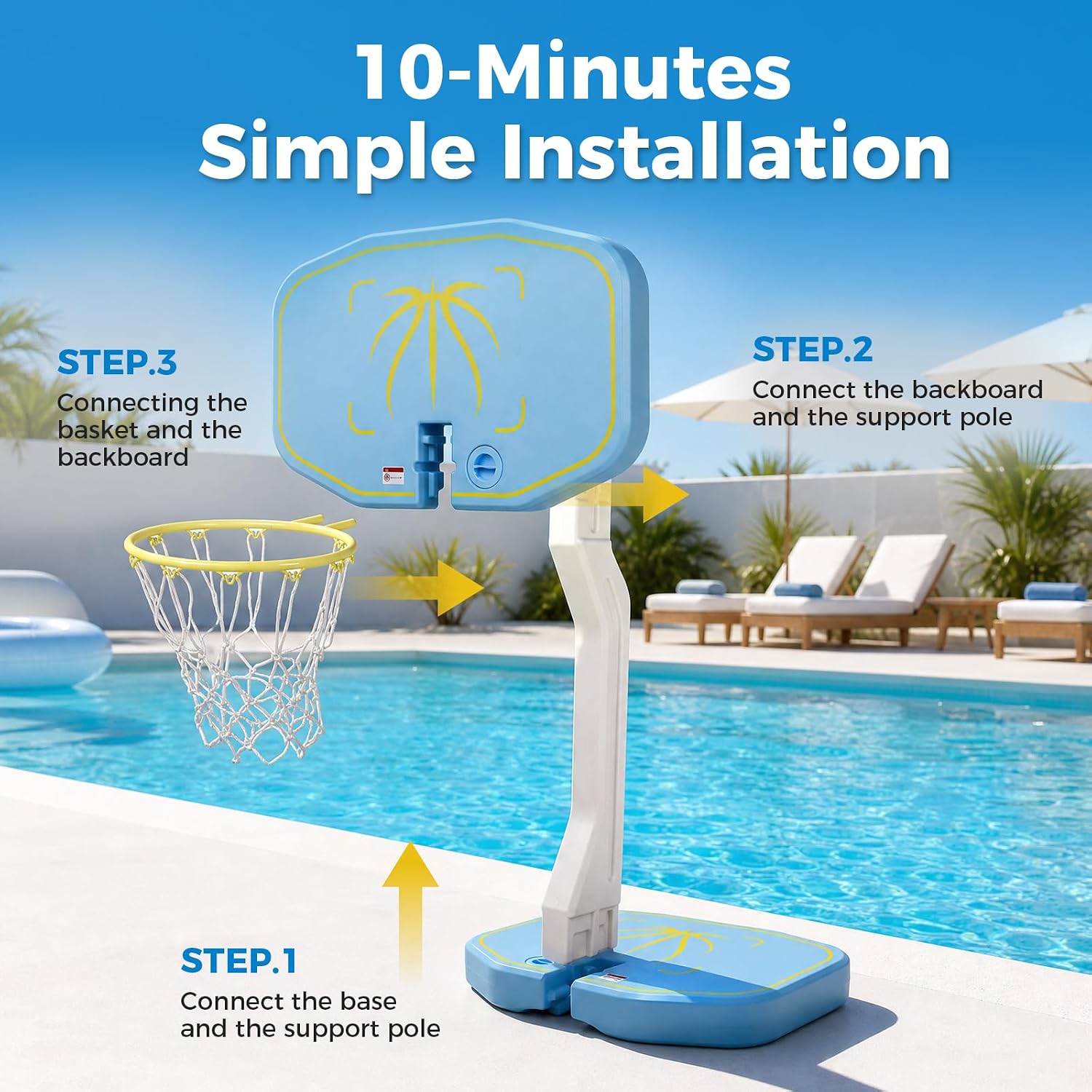 2-in-1 Pool Volleyball Net&Pool Basketball Hoop 51" Height Pool Set,Inground 16FT Pool Volleyball Net or Pool Basketball Hoop Poolside Combo for Summer Party Games,Includes 4 Balls