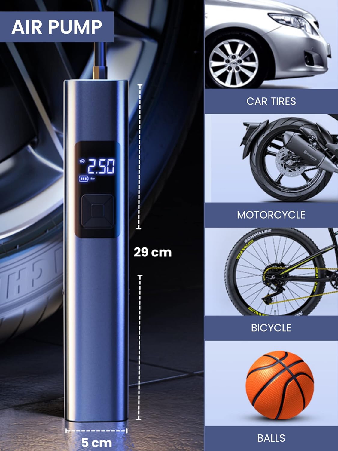 Device inflating a car tire, showing dimensions and other inflation applications
