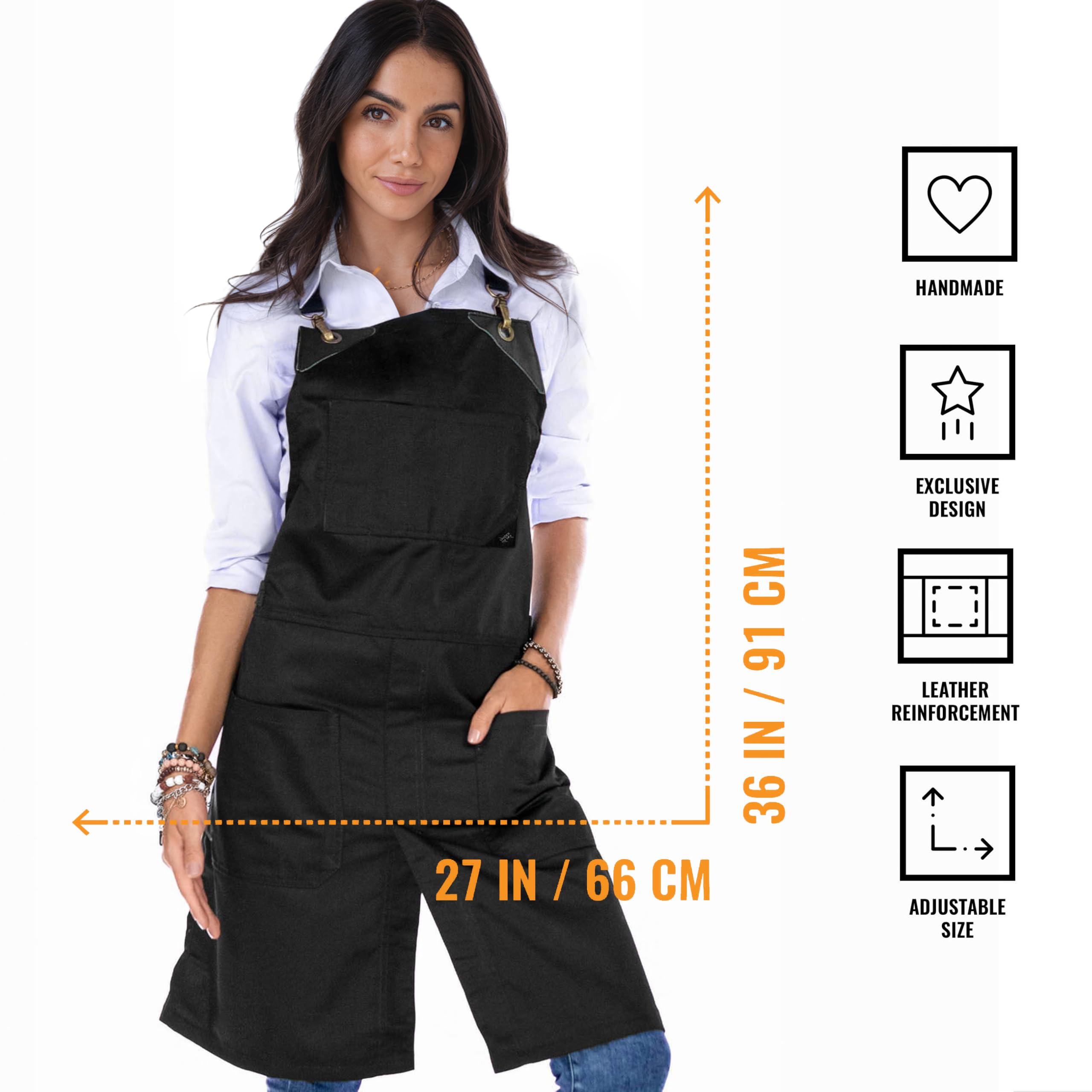 Under NY Sky Delantal Negro - Sarga Profesional - Correas de Espalda Cruzada - Multi Bolsillos - Ajustable, Hombres, Mujeres, Chef, Barista, Barbero, Barman, Dependiente de Tenda, Artista del tatuaje