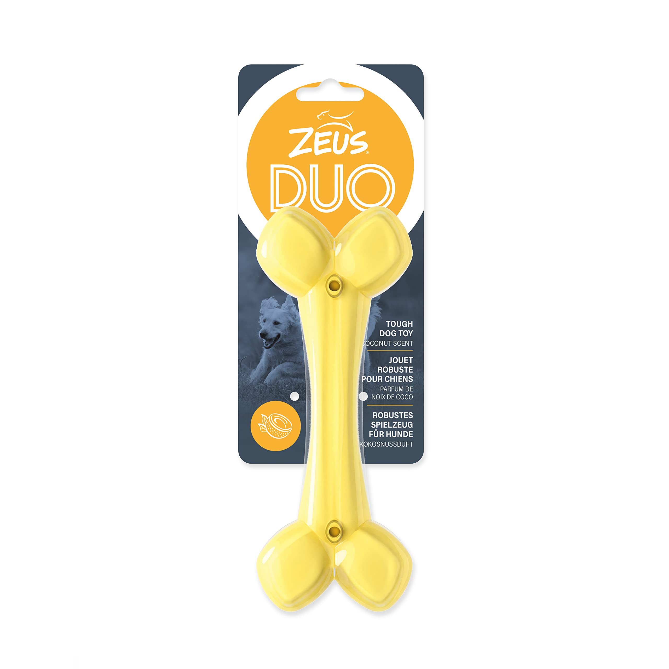 ZEUS Duo Bone Strong Dog Chew Toy for Active Chewers, Long Lasting Coconut Scent, Yellow (96273)