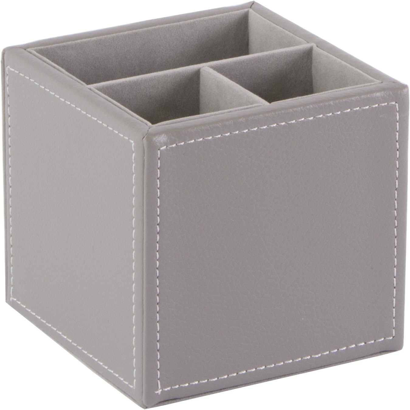 Osco Faux Leather Pen Pot, 3-Section Square Desk Tidy & Pencil Holder, Office Organiser & Makeup Brush Storage, Wipe-Clean Leather Finish, 10×10×10 cm, Grey