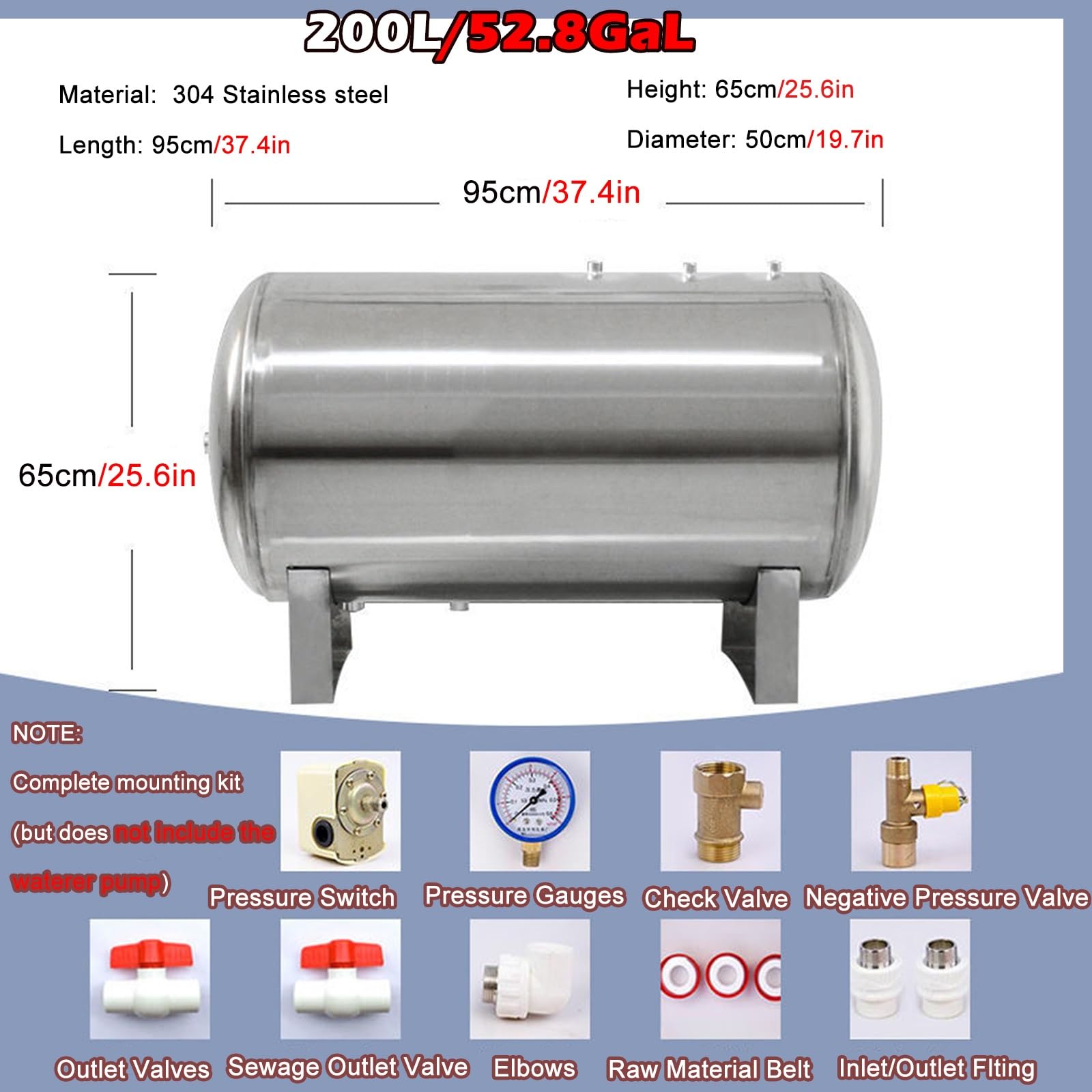 Tanque De PresióN De Pozo Tanque De Presión Para Bomba De Pozo, Kit De Tanques De Presión De Almacenamiento De Agua 100L 160L 200L 250L 300L, Presurizado(200L/52.8Gal)