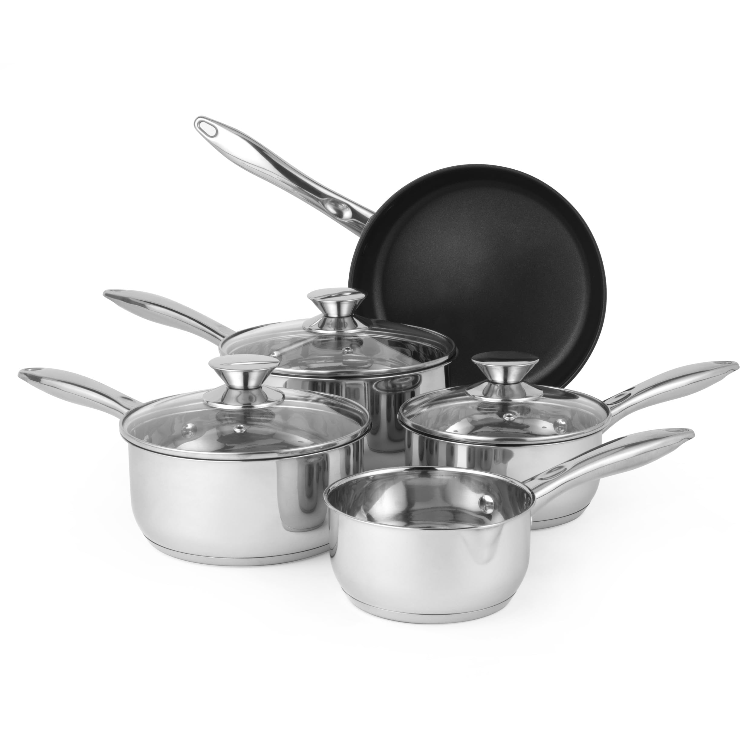 Russell Hobbs Set di pentole da 5 pezzi - antiaderente acciaio inox , padella da 24cm, pentola da 16/18/20 cm, lattiera da 14 cm, impilabile per tutti i piani cottura, Lavabile in lavastoviglie