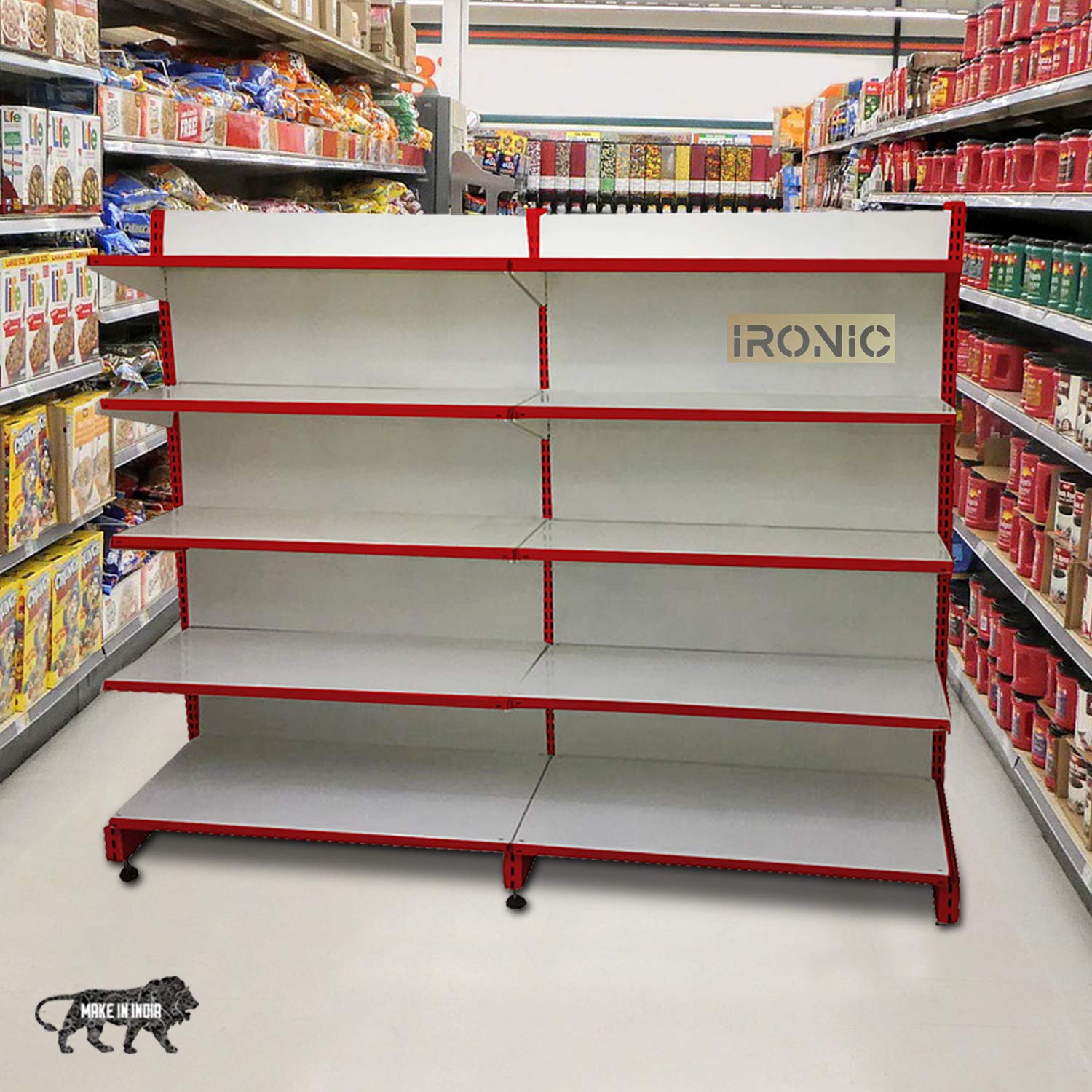 IRONIC Slotted Channel Rack | Grocery Rack | Multipurpose Adjustable Iron Rack for Kitchen, Shops and Book Shelf (Wall Mounted) Red & Ivory (Wall Rack 6FEET X 3FEET (Set of 2)) with 3 Stand-image-42