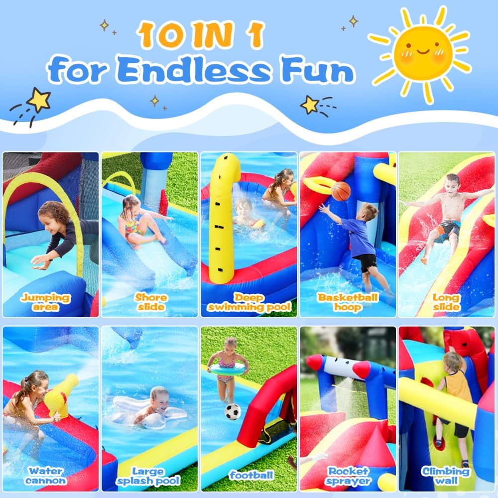 10-in-1 Inflatable Water Park Combo - Giant Slide, Bounce House with Splash Pool, Water Guns & Climbing Wall, Dual Pools,Soccer for Backyard