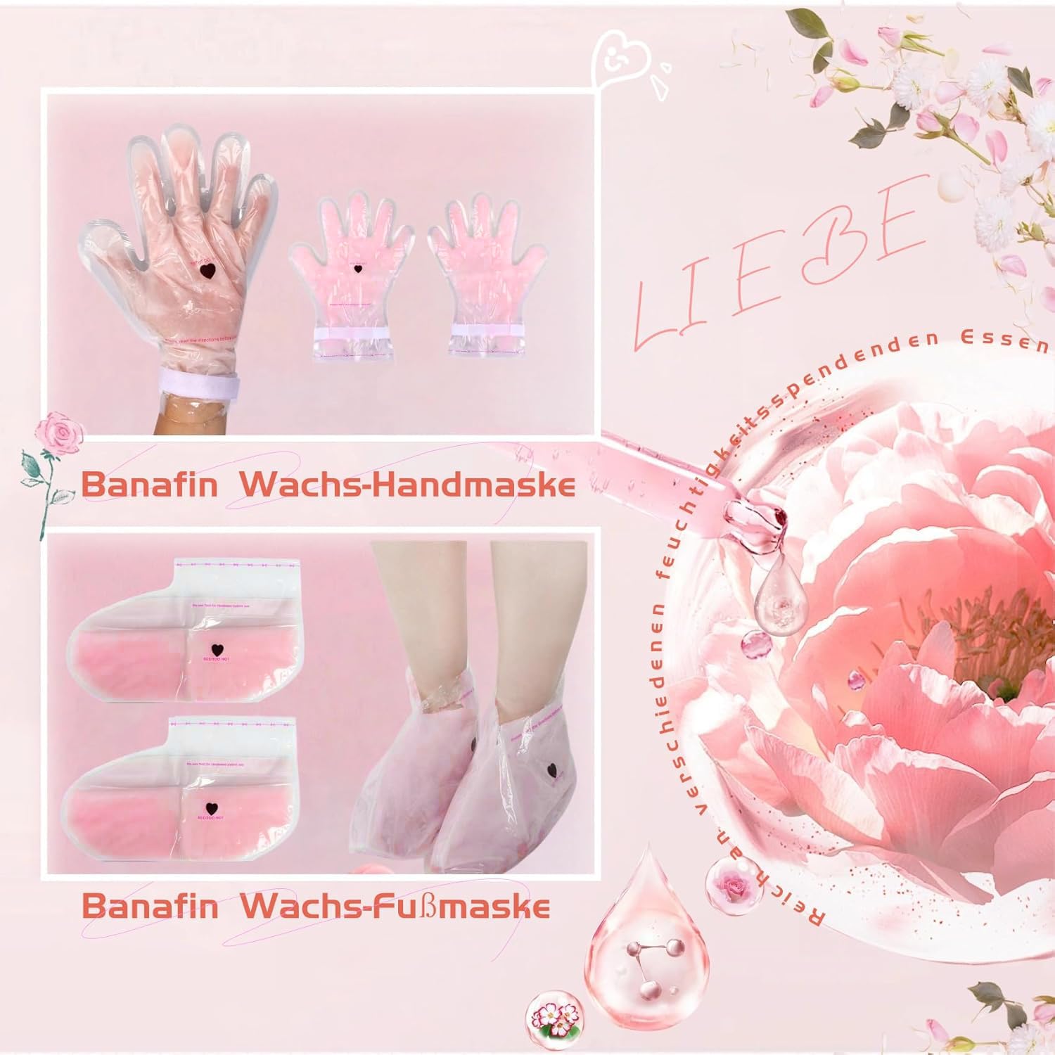 Guantes de Tratamiento de Cera de Parafina para Manos y Pies, 4 Pares Guantes de Cera Rosados, Máscara de Cera Curativa Suavizante para Piel Seca y Agrietada | Cuidado Intensivo de Manicura y Pedicura