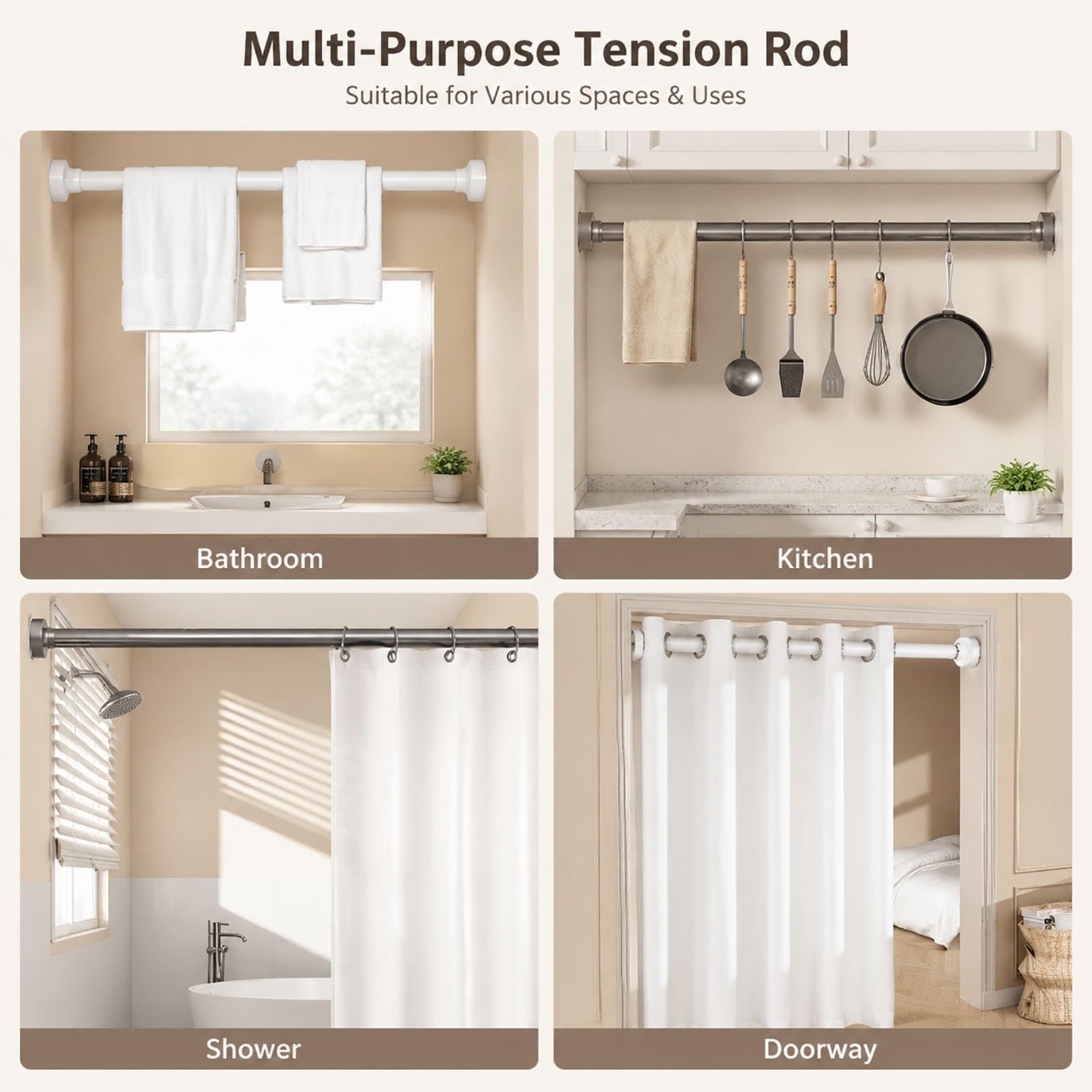 Barra de Cortina sin Taladrar, Barra de Tensión para Ducha, Sin Necesidad de Taladrar, Extensible y Retráctil, Apta para Armarios, Baños y Entradas(White,100-170cm/39.4-66.9in)