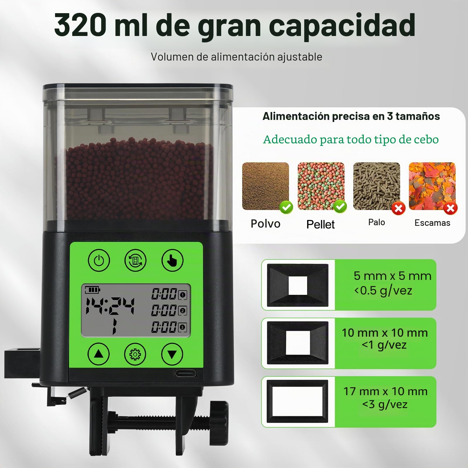 Lychee Dispensador automático de alimentos para peces recargable por USB 320 ml de gran capacidad con pantalla LCD resistente a la humedad con temporizador eléctrico