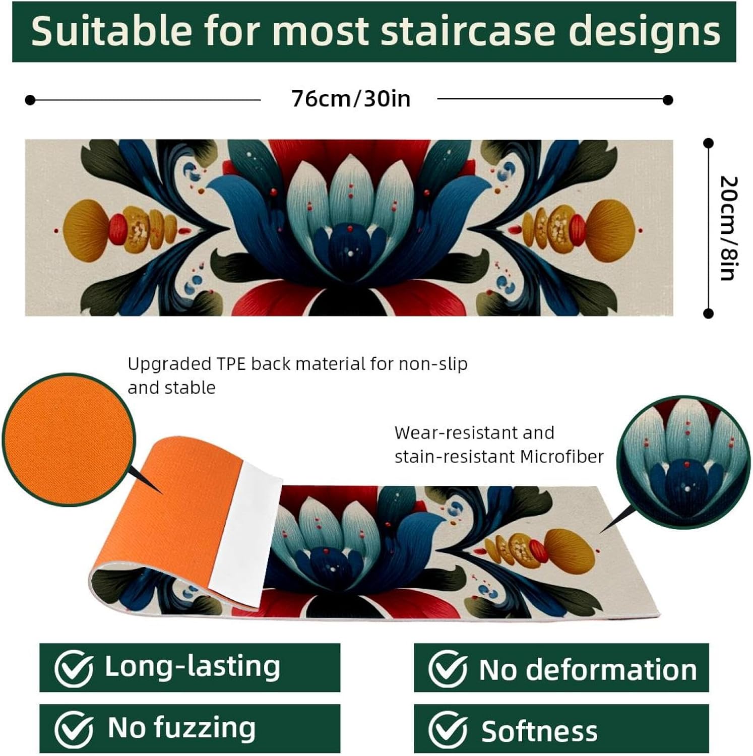 15PCS Carpet Stair Treads Non Slip for Wooden Steps, 8" X 30" Stair Runners Mats Indoor, Stain Resistant Staircase Step Treads Stair Rugs for Kids, Elders, Dogs