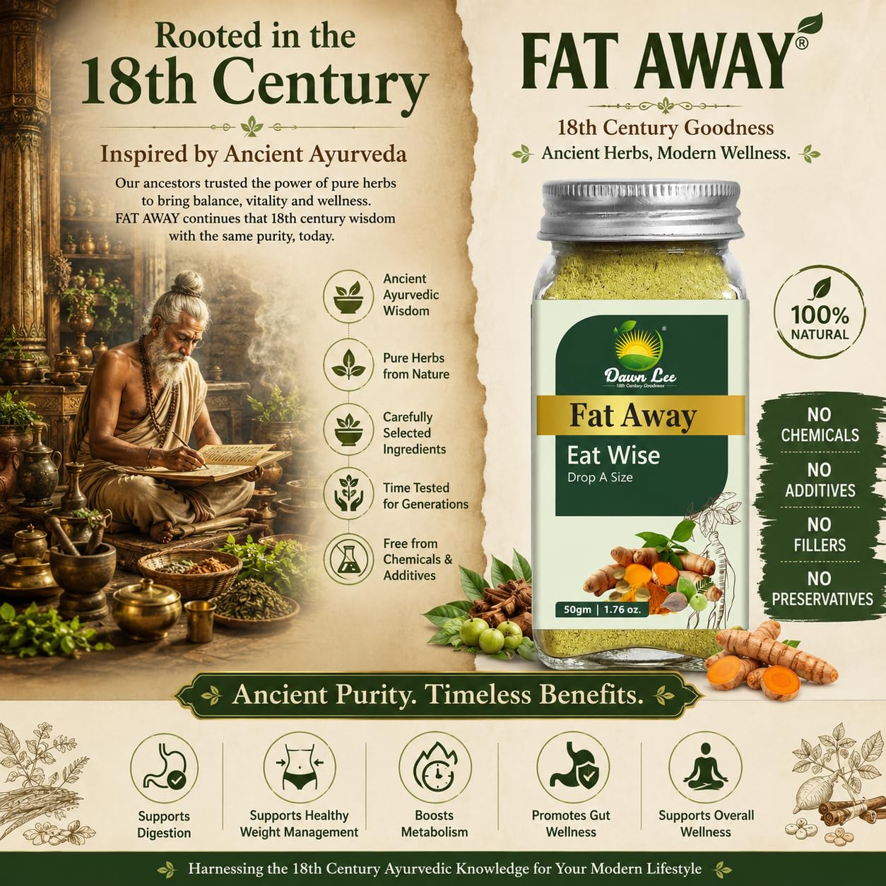 Dawn Lee Fat Away 50g | Healthy Weight Management Powder For Men & Women With Garcinia Cambogia Fenugreek Powder, Cinnamon, Triphala | Slimming Herbal Drink Support Fat Loss, Metabolism, Gut Health | Herbal Spices Blend Belly Fat Burner — Amazon image 7