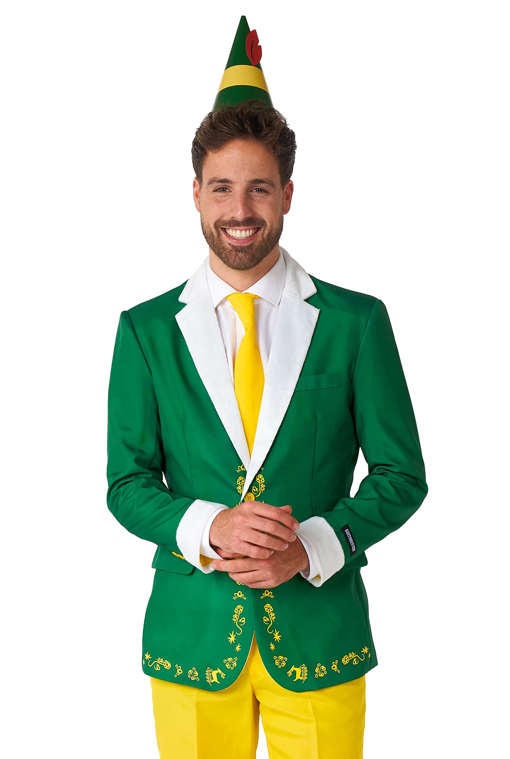 Suitmeister Herrenkostüm - Elf Weihnachten Halloween Outfit Set - Grün, Gelb - Enthält Weihnachtsblazer, Hose, Hut, Krawatte