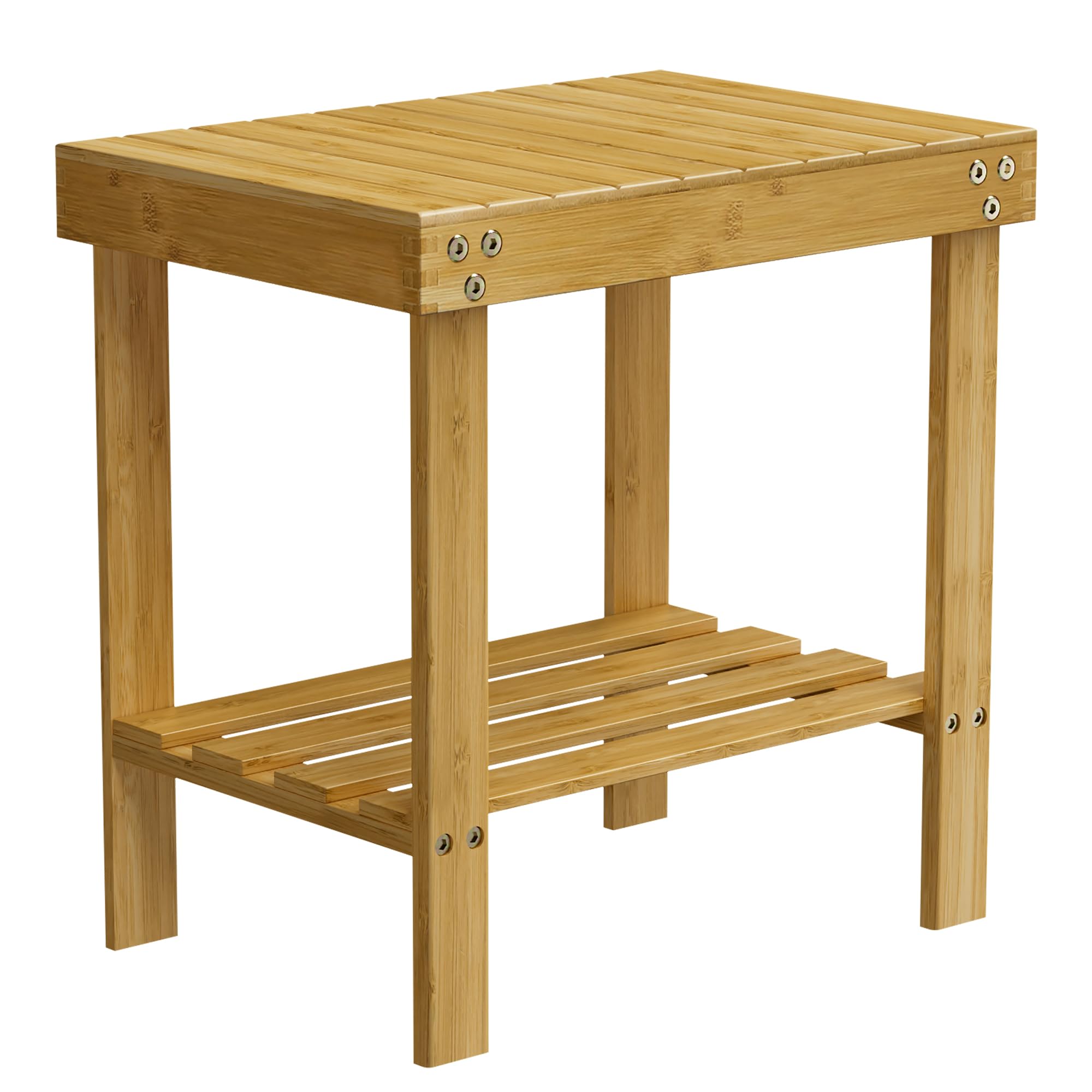 Bamboo Shower Bench, Shower Chair with Non-Slip Feet Storage Shelf Safe and Stable, Kids Adults Wooden Stool for Bathroom, Bedside, Living Room, Spa