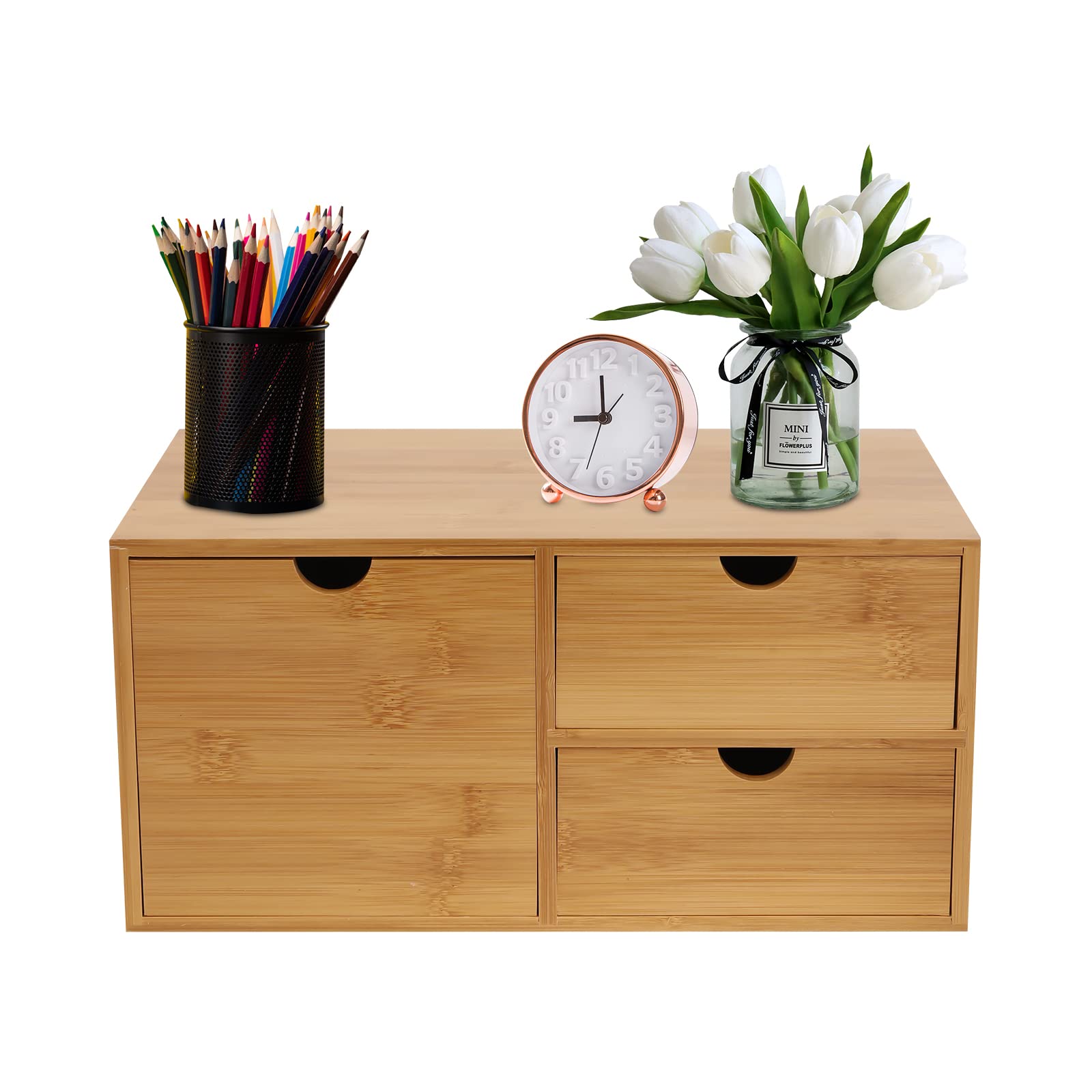 Donened - Organizador de escritorio de bambú con cajones, caja de cajones de bambú, mini cómoda, organizador de madera para el hogar, oficina, cocina, baño (3 cajones)