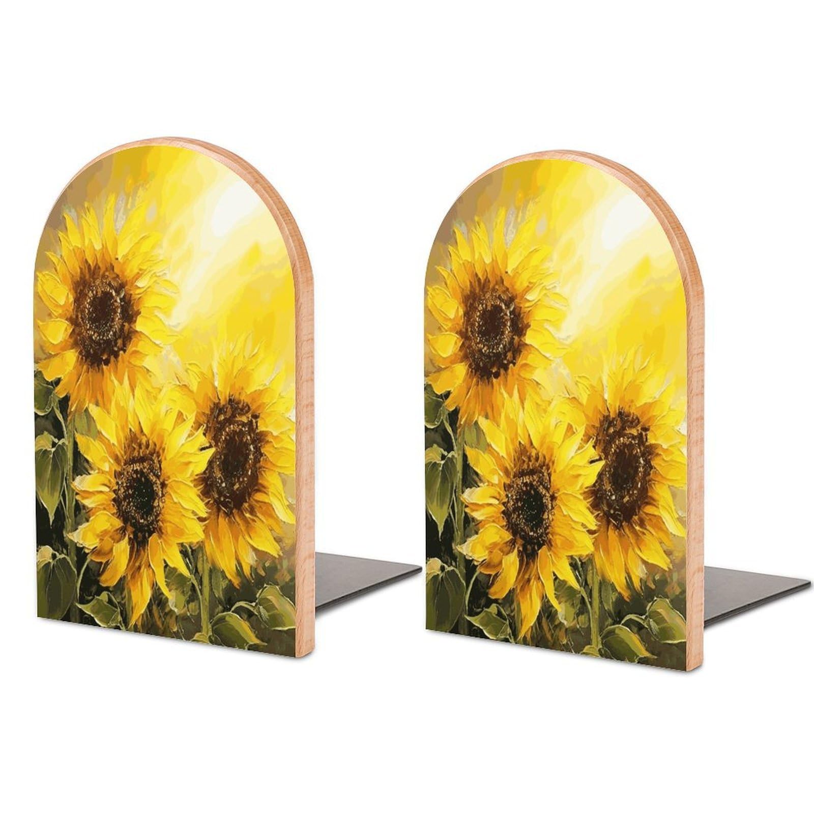 Yellow Sunflowers Book Ends Wood Non-Skid Bookend for Shelves Heavy Duty Bookends with Metal Base Decorative Books Stopper Desk Organizers Book Dividers for Office Home 1 Pair