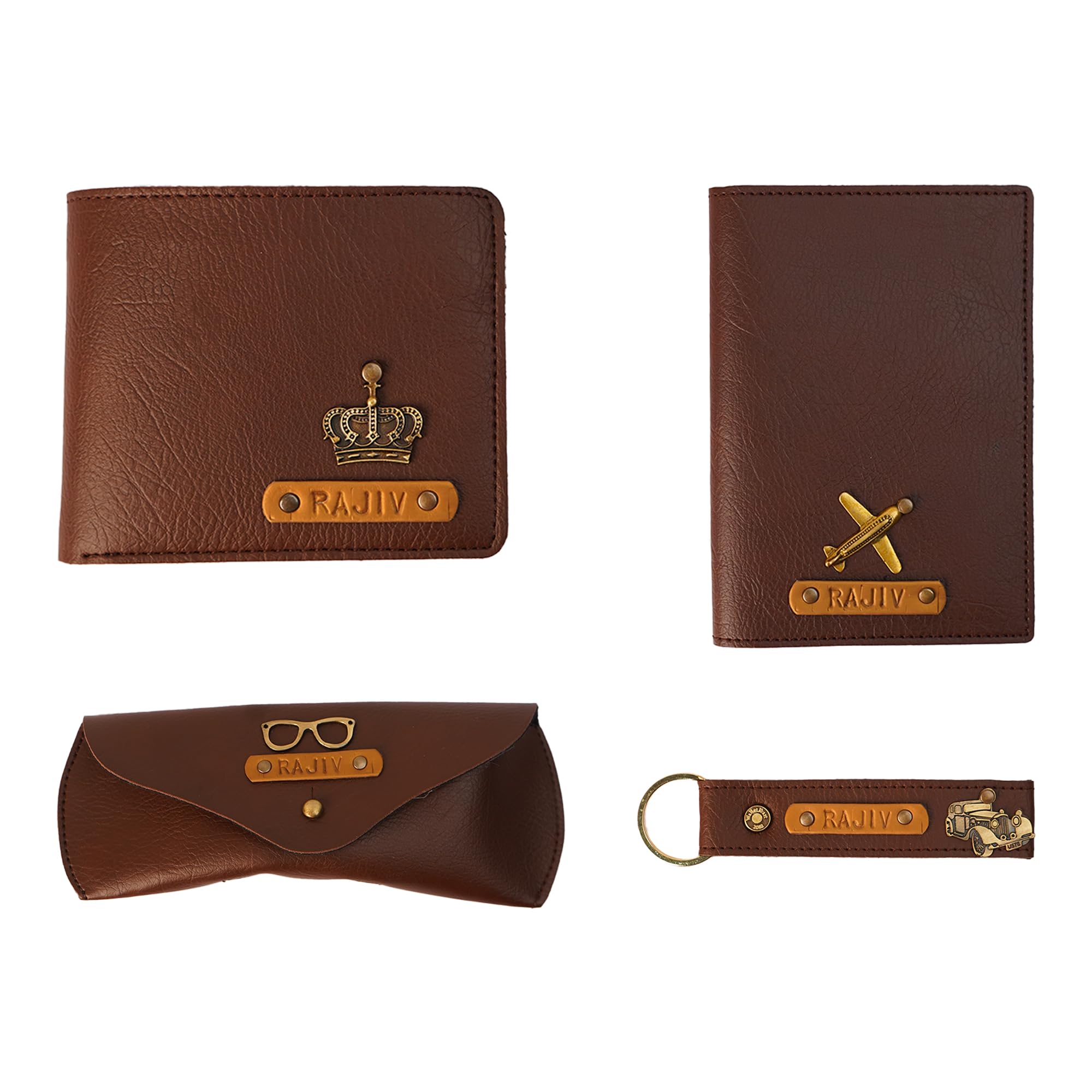 Personalized Leather Name Men's Wallet Keychain Passport Cover and Eyewear | Customised Gift for Boyfriend Husband Father & Son (Dark Brown)-image-20