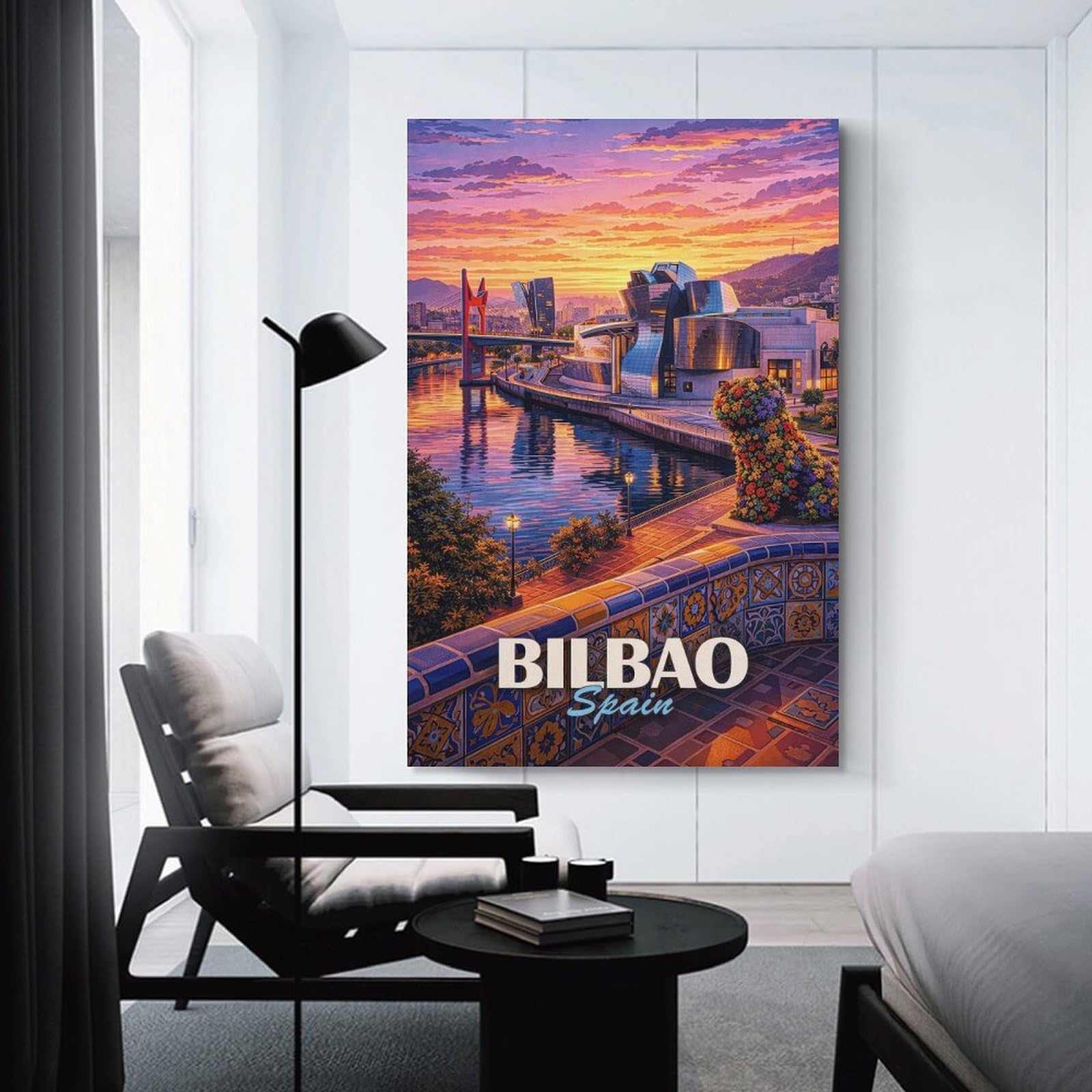Junmoney Bilbao Spain Cityscape at Sunset Room Decor Wall Art, 12x18inch(30x45cm), for Living Room, Lounge Or Sitting Room, A Home Accent with Warm Character