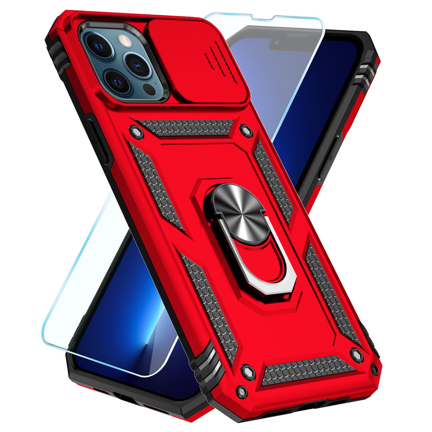 SunStory Compatible with iPhone 13 Pro Max Case with HD Screen Protector & Slide Camera Cover & Rotated Ring Kickstand, [Military-Grade] Phone Case for iPhone 13 Pro Max (Red)
