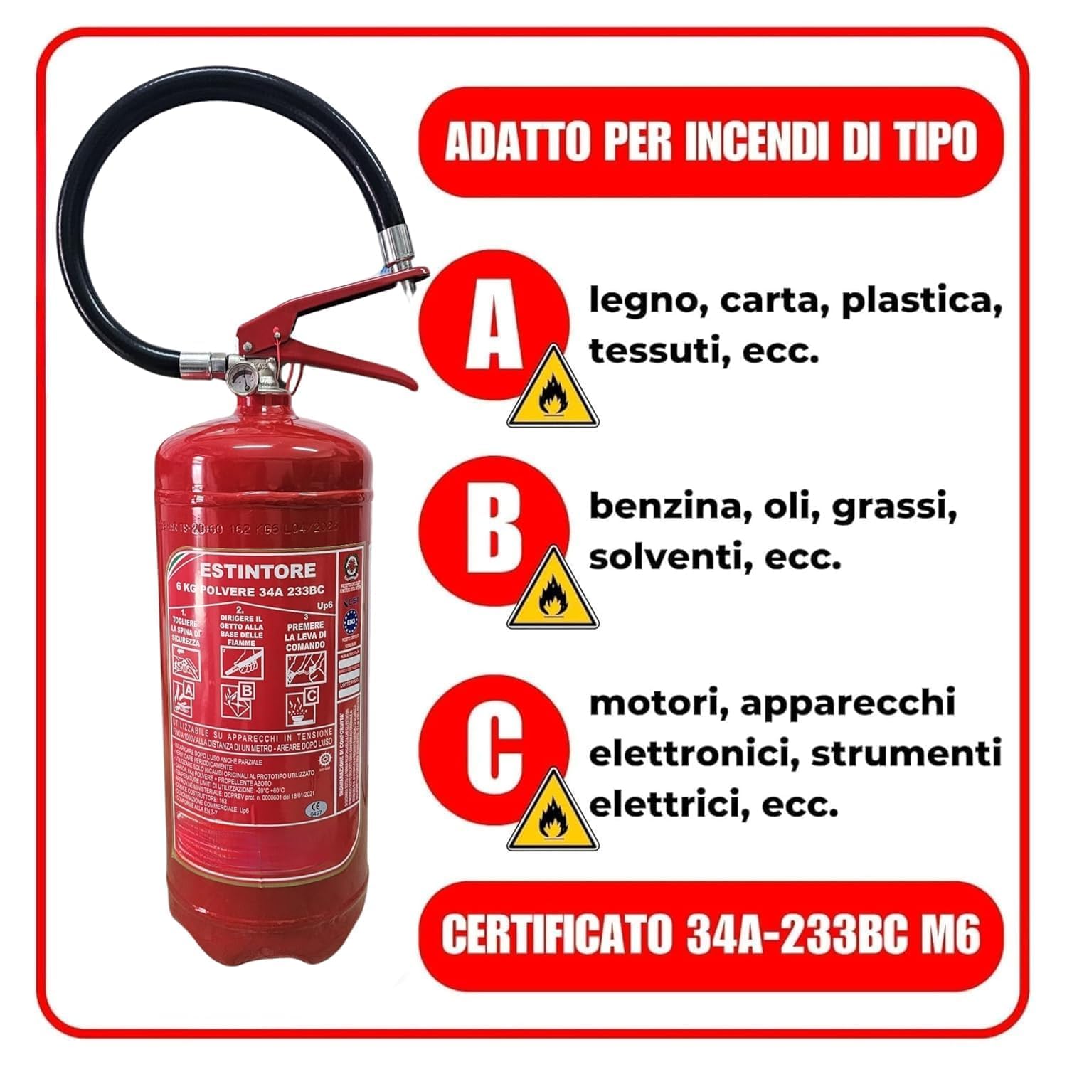 Estintore Polvere 6 KG - ANNO: 2026 + MANUALE USO E MANUTENZIONE - CERTIFICATO E OMOLOGATO A NORMA DI LEGGE + STAFFA E CARTELLO - Soluzione Sicurezza Antincendio Professionale (2)
