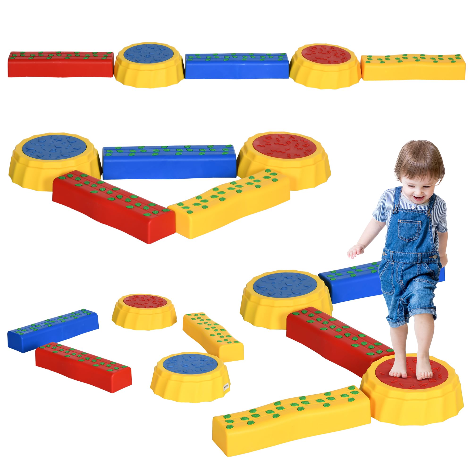 Outsunny 5 PCS Stepping Stones Kids Balance Beam w/Non-Slip Surface and Bottom, Outdoor Indoor Sensory Toys, Obstacle Course for Toddlers