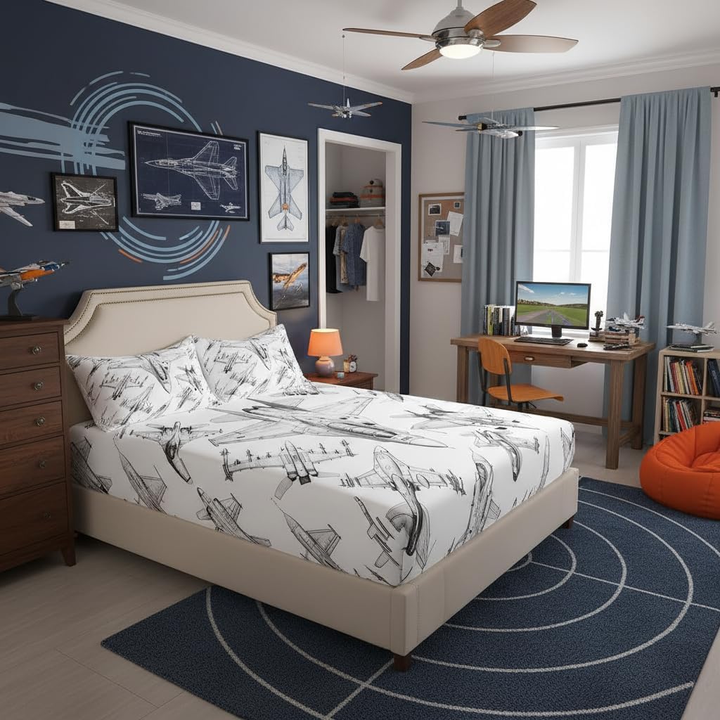 Aircraft Fitted Sheet Full Size,Sketch 3D Airplane Bedding Set 3Pcs for Kids Boys Teens Men Room Decor,Black and White Airplane Print Bed Sheet Flying Games Theme Deep Pocket Sheet,2 Pillowcases