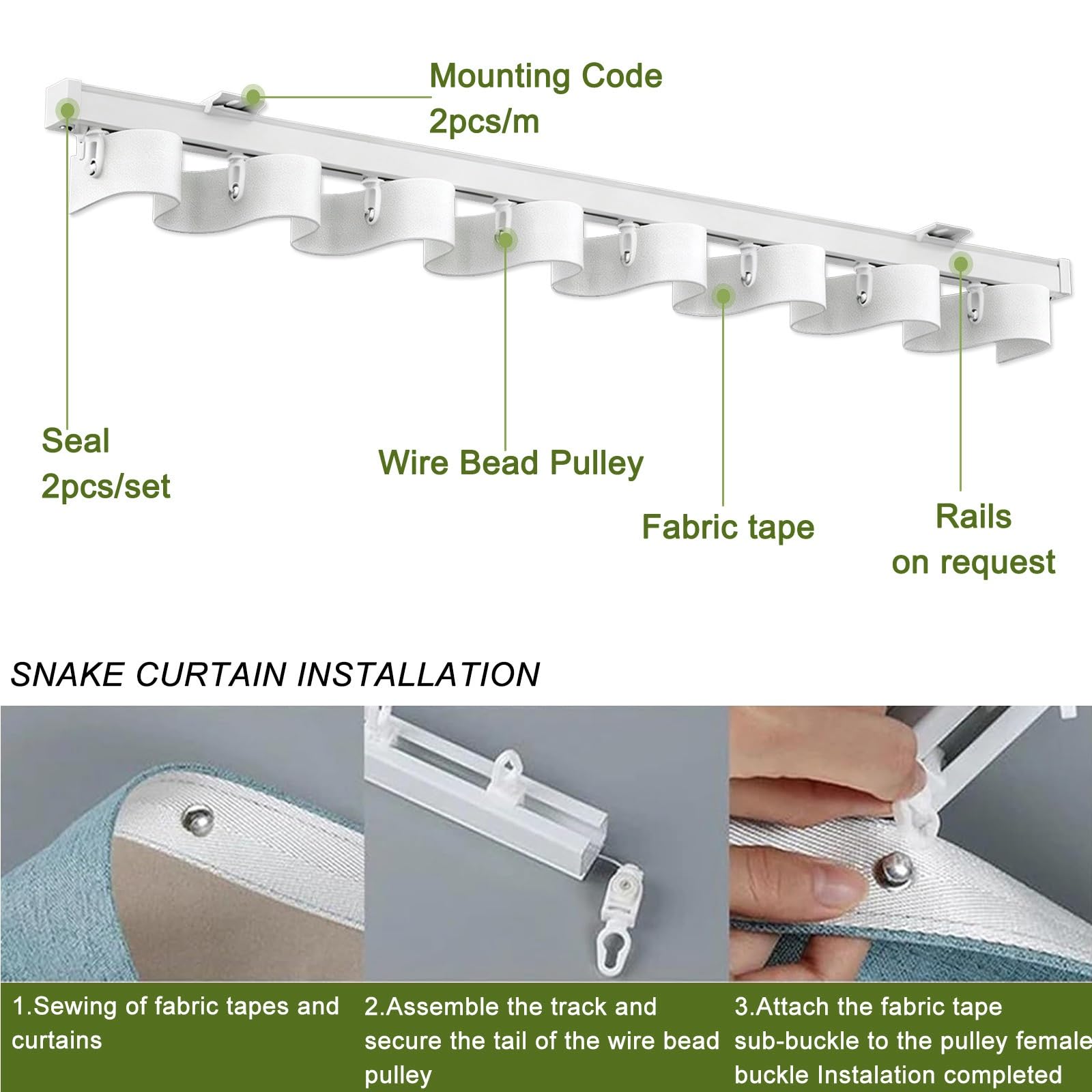 Rail de rideau robuste en aluminium ondulé pour plafond ou mur pour bureau, salon, chambre à coucher – Système de rails à vagues d'eau de 330 cm