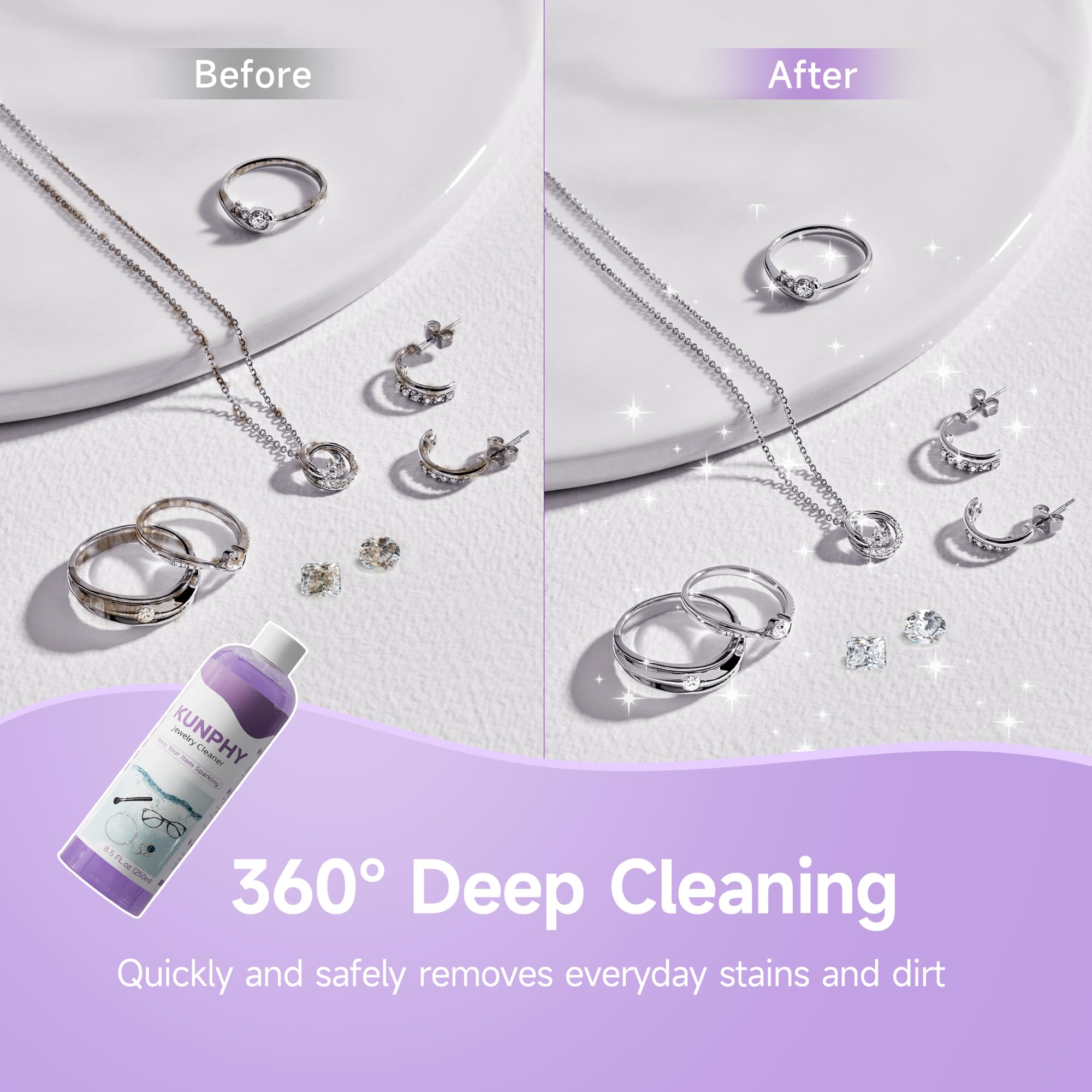 Improved Kunphy Jewellery Cleaner, Vegetable Formula for All Ultrasonic Cleaners, Improved Cleaning Effect, Multi-Purpose Glasses Cleaner for Silver, Gold, Rings (8.5 oz 250 ml)
