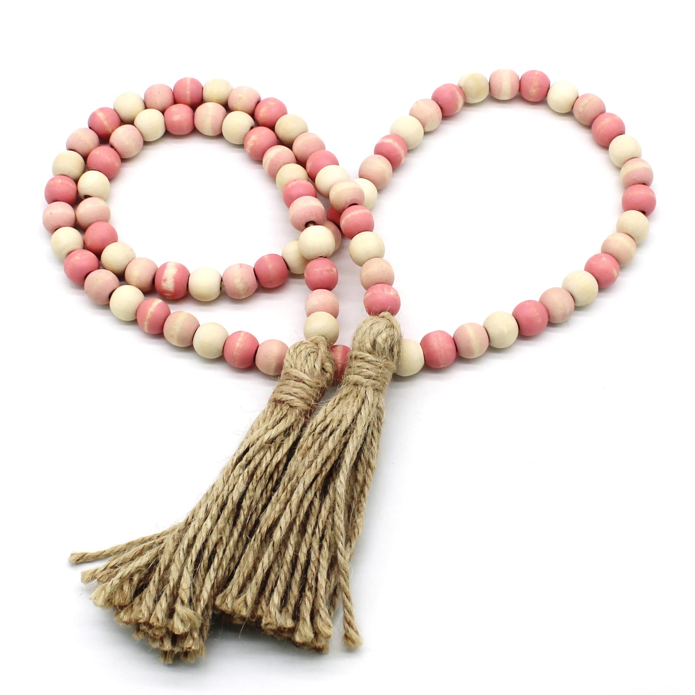 CVHOMEDECO. Wood Beads Garland with Tassels Farmhouse Rustic Wooden Prayer Bead String Wall Hanging Accent for Home Festival Decor. Pink Mix Distressed