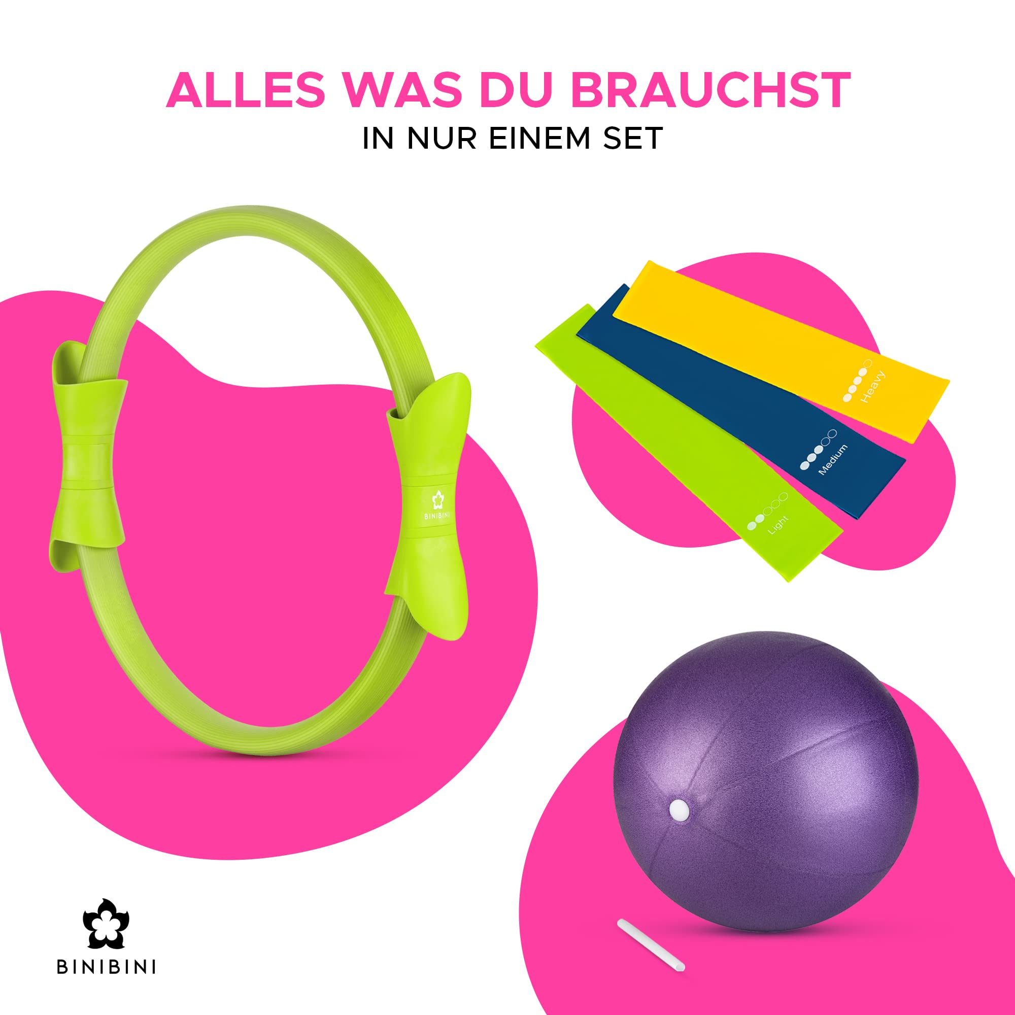 BINIBINI® Pilates Ring Set mit Pilates Ball und Fitnessbändern - 5-teiliges Sport- und Fitnessset für Zuhause - Yoga Ball und 3X Terra Band inklusive