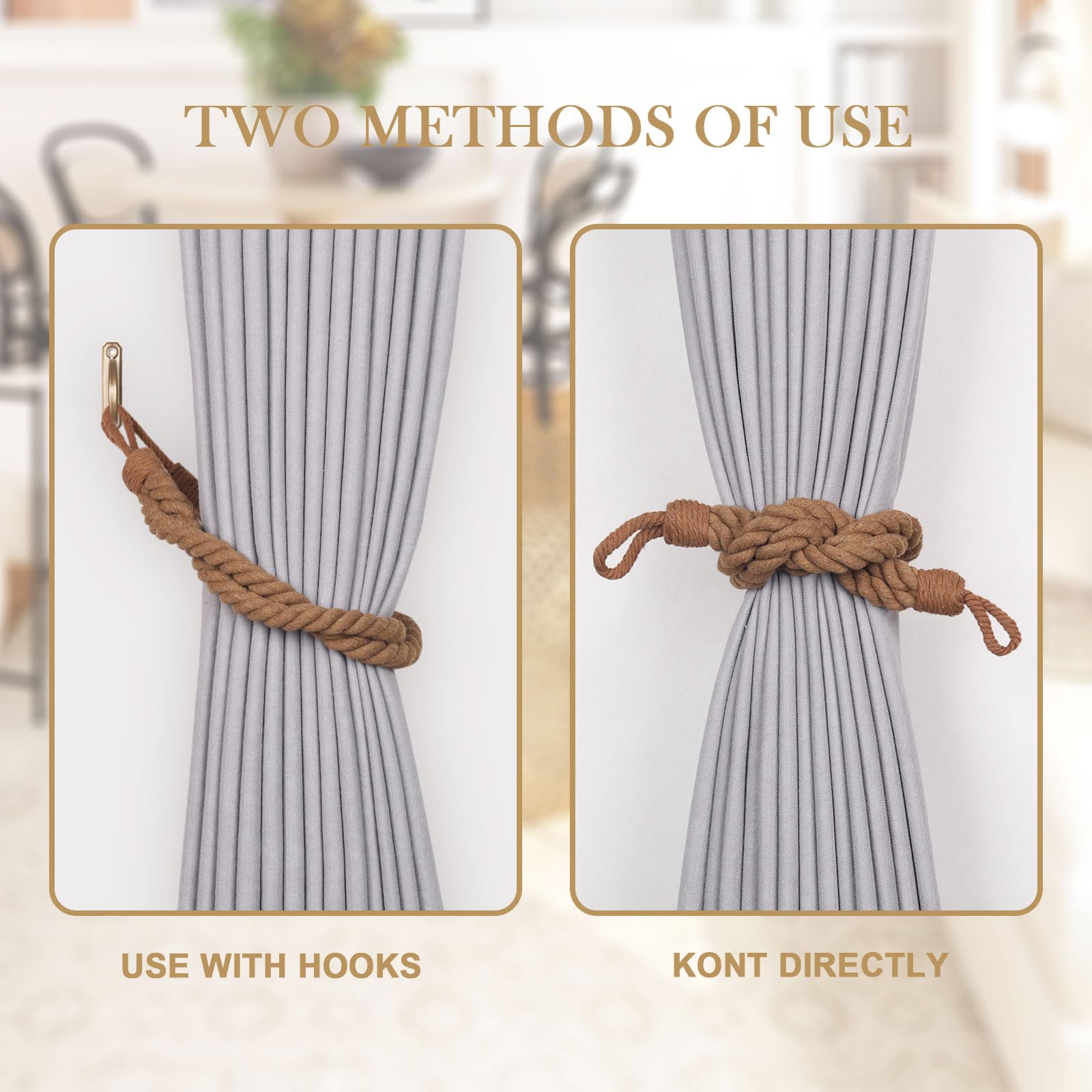 Pretty Jolly 2 Pack Natural Cotton Rope Curtain Tiebacks Elegant Boho Style Decor Drape Tie Backs Soft Hand-Woven Double Rope Curtain Holdbacks with Metal Hook for Home & Office Drapery (Light Coffee) - Image 4