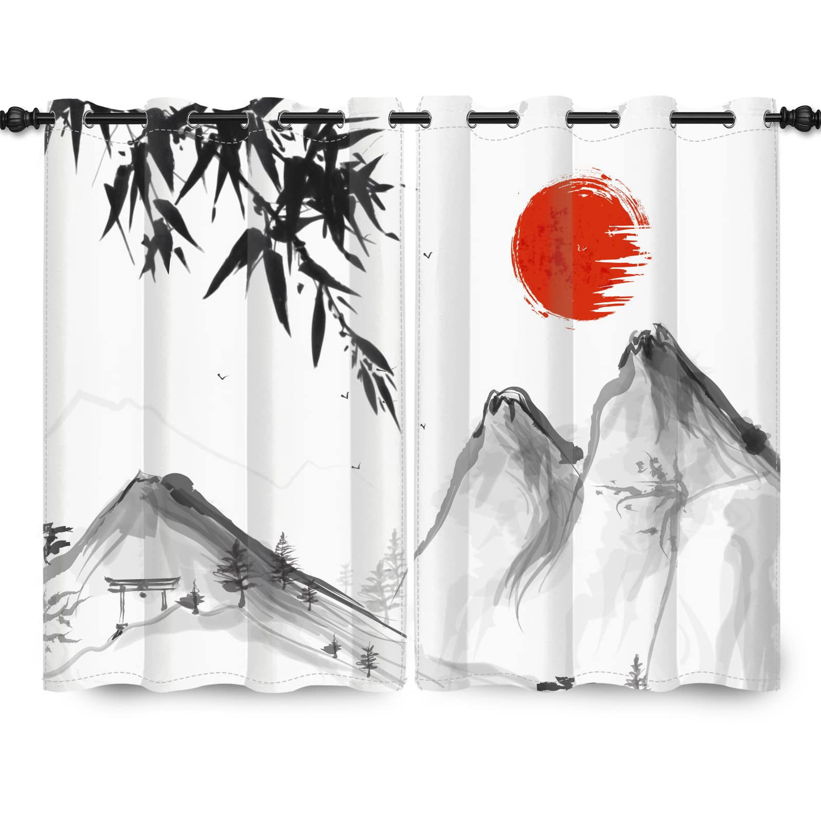 117x229cm Japonais Peinture à l'encre Classique Rideau de fenêtre Bambou Feuilles MT Fuji Rouge Soleil Oriental Traditionnel Rideaux occultants pour Le Salon Chambre à Coucher, 2 Panneaux