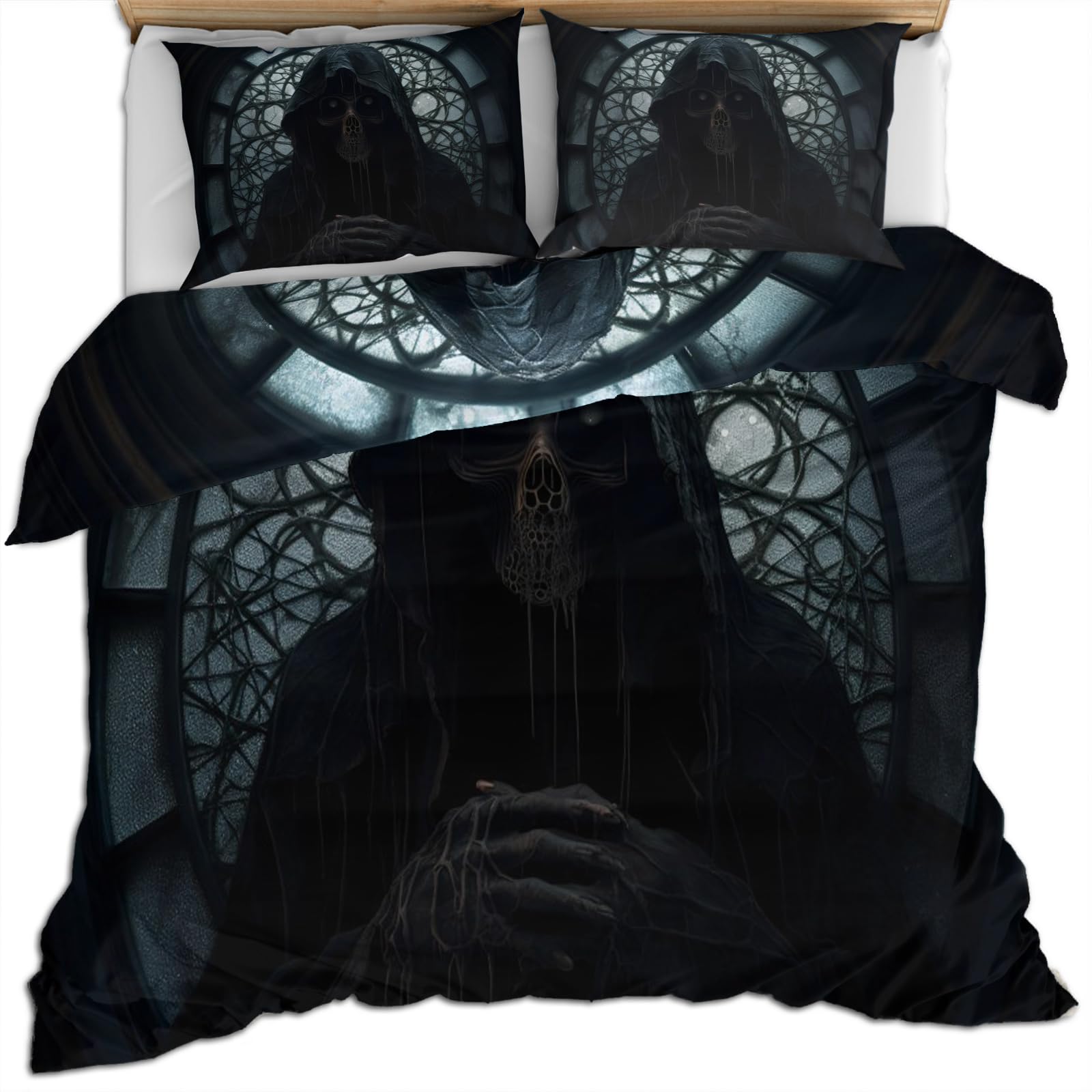 XEODIAT Horror Black-Robed Wizard Bedding Set, Death Soft and Comfortable Microfiber Duvet Cover, Gothic Skull Duvet Cover with Zipper + 2 Pillowcases (220x260cm)