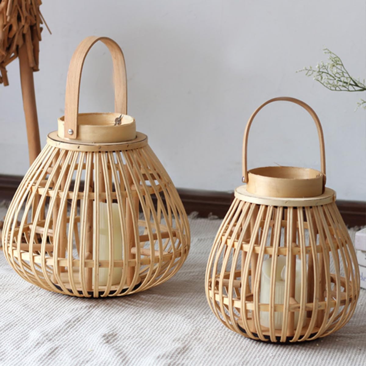 Candelabro de Bambú Artesanal para Ambiente del Hogar, Linterna Beige de Madera Natural Diseño Retro y Ambiente Acogedor para Uso en Casa