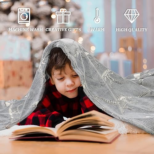 Miniatura 21 de Manta que brilla en la oscuridad de dinosaurio para niños y niños, linda manta única, regalos de Navidad, dinosaurios grises brillantes