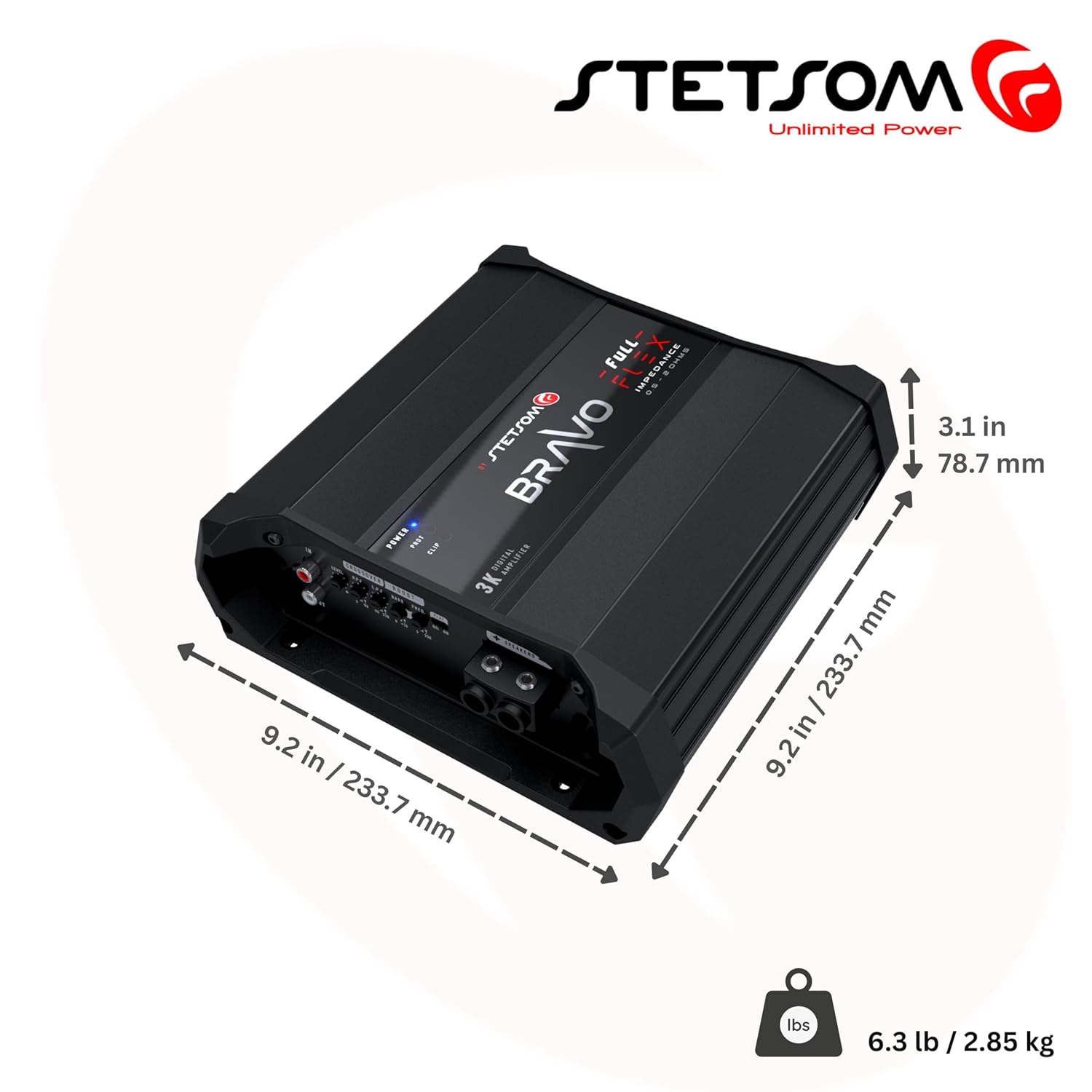 Stetsom Bravo Full Flex 3K - Mono Digital Amplifier, 3000W RMS, Smart & Auto Flexible Impedance 0.5-2 Ohms, Full Range Amplifier, Stable Power 3000W RMS from 0.5, 1, to 2 Ohms Impedance