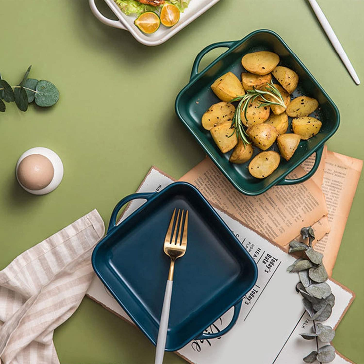 YXSH Bandeja Rectangular Cerámica de gres Fuente para Horno,Ideal para Lasaña Pastel Cazuela Tapas -Dark Green