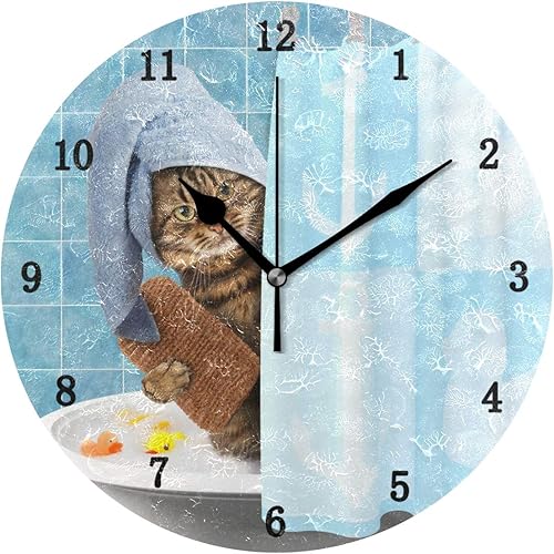 ZZKKO Reloj de pared con diseño de gato que toma un baño, silencioso sin tictac, funciona con pilas, fácil de leer, reloj de pared decorativo para