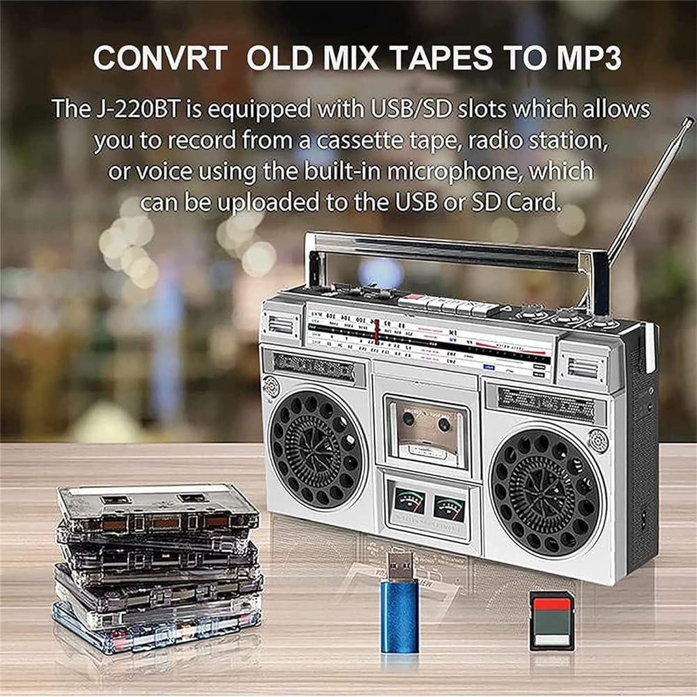 Lecteur de cassettes et CD rétro style années 80, Bluetooth avec radio FM et DAB+, enregistrement USB, lecteur