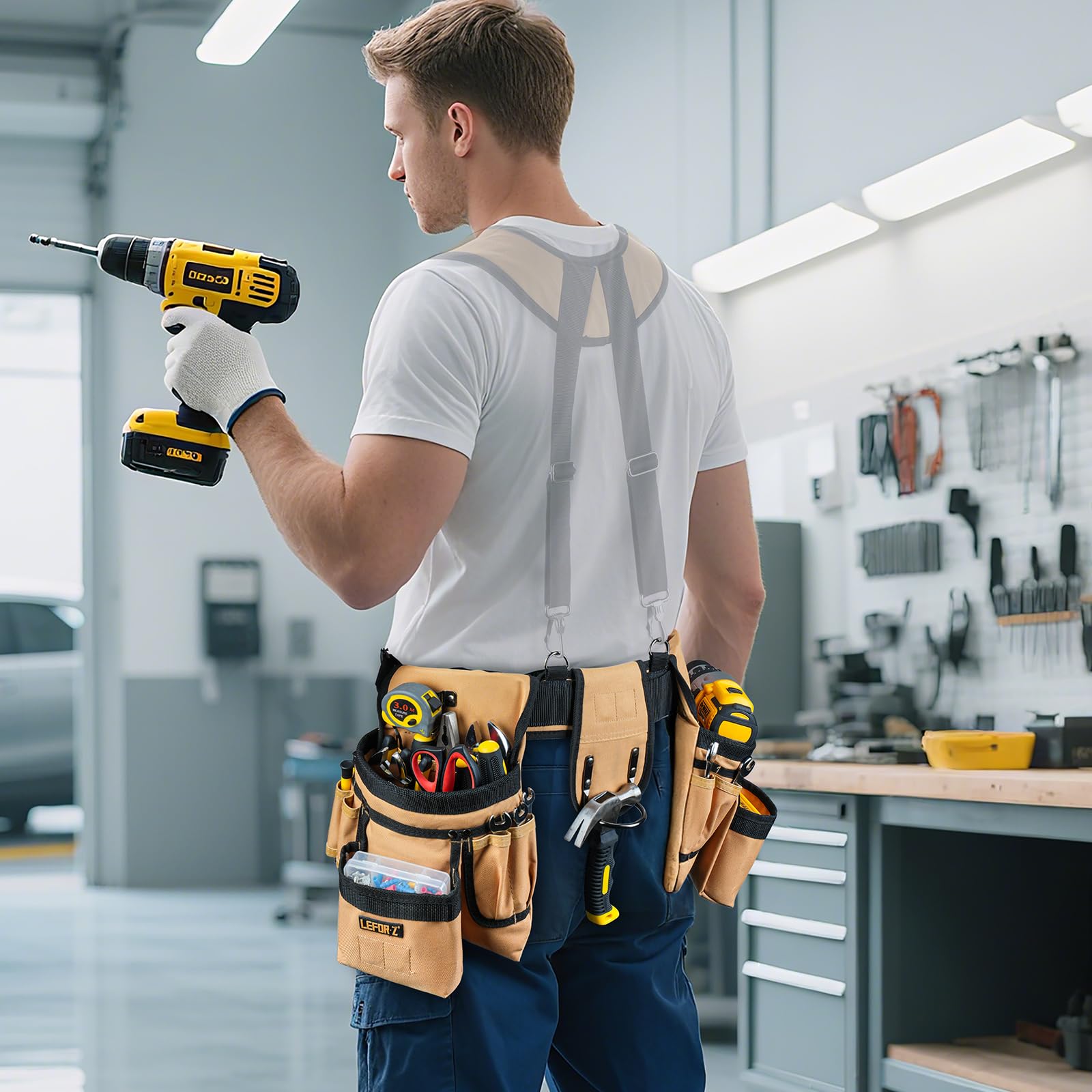 Ceinture porte Outils mit 27 Poches,Ceinture à Outils,Amovible Réglable Sac à Outils Magnétique avec 4 anneaux en D,Rembourrée Robuste pour Hommes,électriciens,Charpentiers,Ouvriers du Bâtiment
