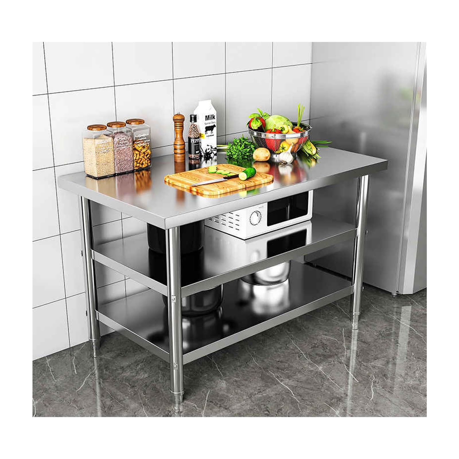 kitchen prep table, Three-Layer Design, Reinforced Crossbeams, Adjustable Legs(120 * 40 * 80cm/47.2 * 15.7 * 31.5in)