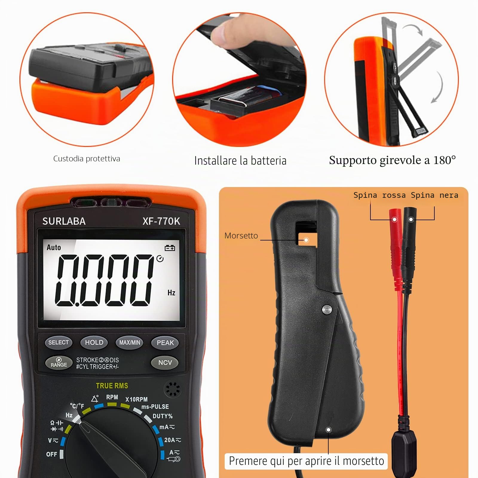 Multimetro Digitale Automobilistico & Pinza Induttiva di Raccolta del Segnale, Multitester per Tensione AC/DC, Corrente, Angolo Sosta, Larghezza Impulso, Tachimetro 600~12000RPM per Auto, Domestico