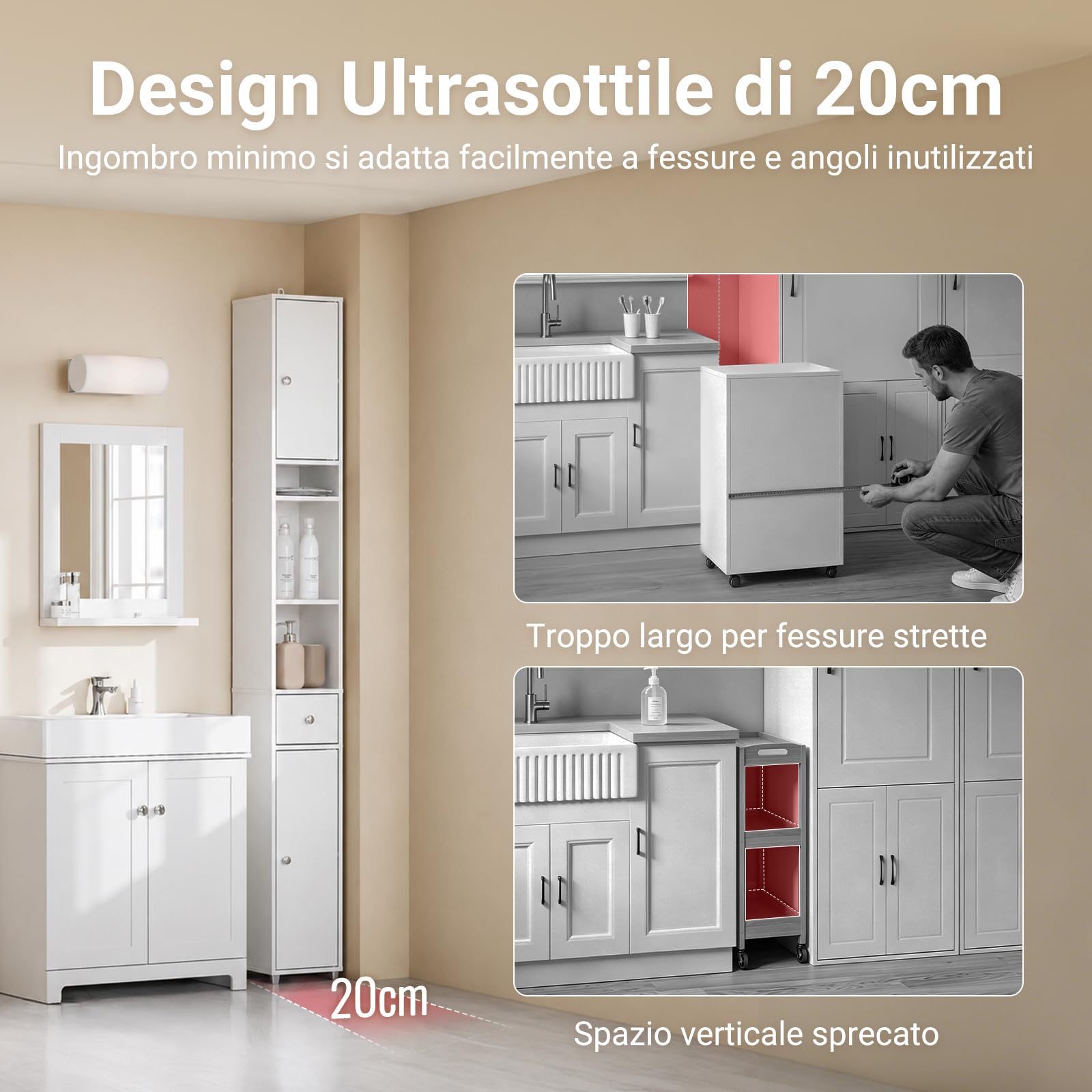 SoBuy Mobile Bagno Alto e Stretto, Mobiletto Bagno Salvaspazio Mobiletto a Colonna da Terra con Ripiani Regolabili e Cassetto Armadietto per WC e Lavanderia 20×20×180 cm Bianco BZR34-II-W