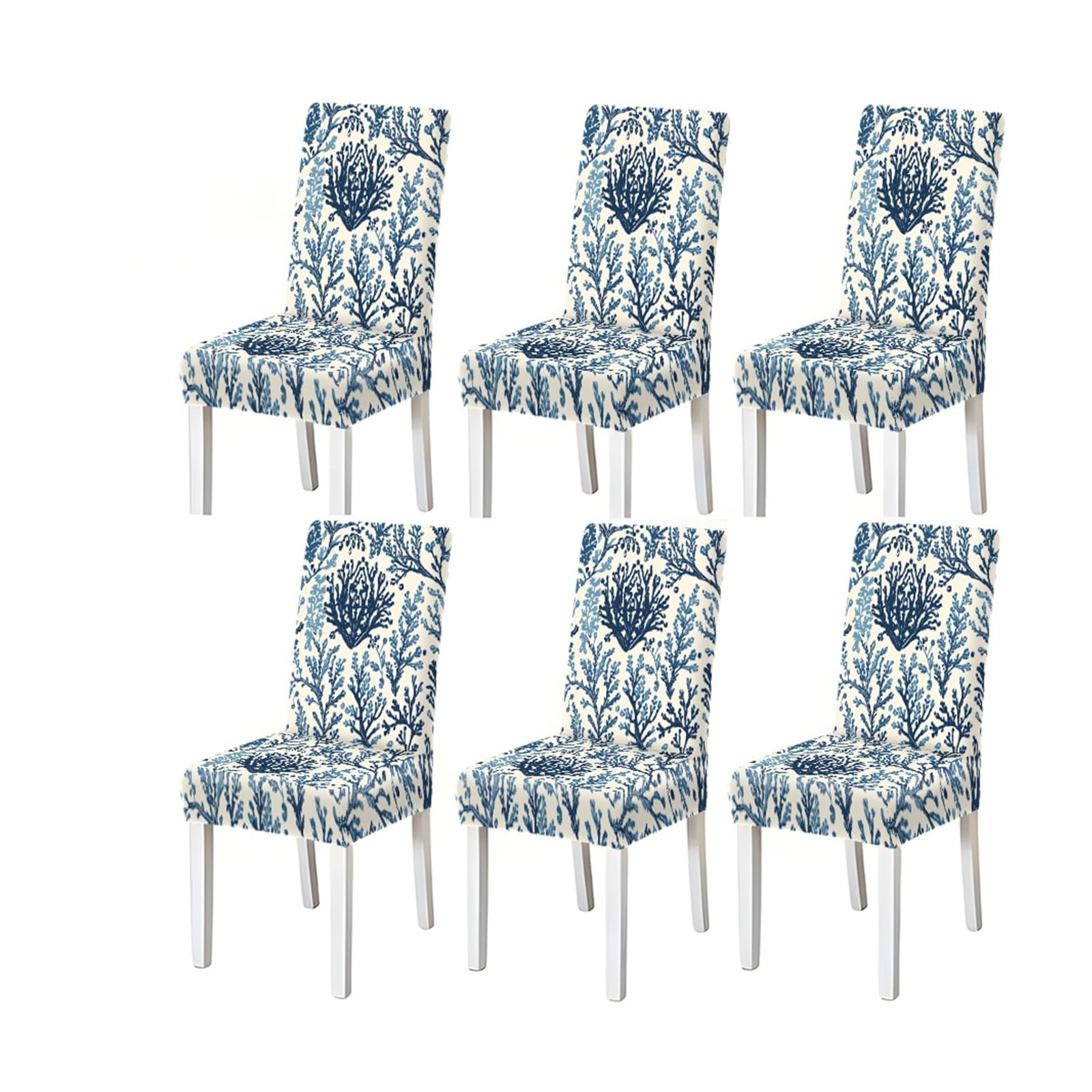 FZJKGH Watercolor Blue Coral Pattern Print Dining Chair Covers Set Of 2/4/6, Coastal Stretch Slipcovers For Kitchen Dining Room Removable Stretch Slipcovers for Dining Chairs(6PCSChair cover)