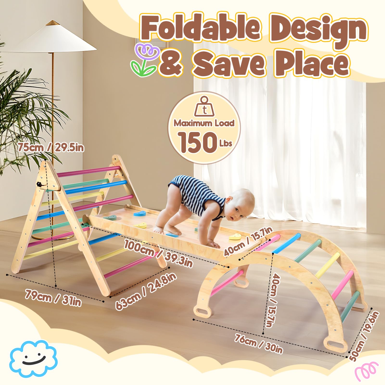 Naxudcoo Montessori Klettergerüst, 5-in-1 kletterdreieck Indoor mit Kletterbogen und Rutsche, Holz Klettergerüst für Kinder ab 1 2 Jahr