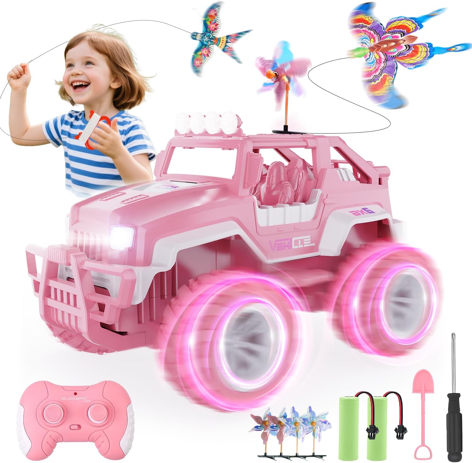 BEZGAR 1:16 Pink RC Jeep with kites and windmills
