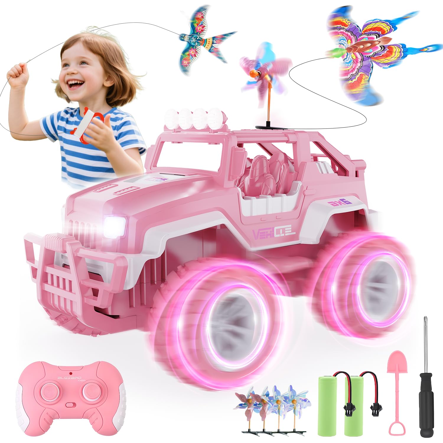 BEZGAR Remote Control Car for Girls - 1:16 Pink RC Jeep Set with 2 Mini Kites, 4 Windmills & 2 High-Capacity Rechargeable Batteries(80+ Mins Runtime),