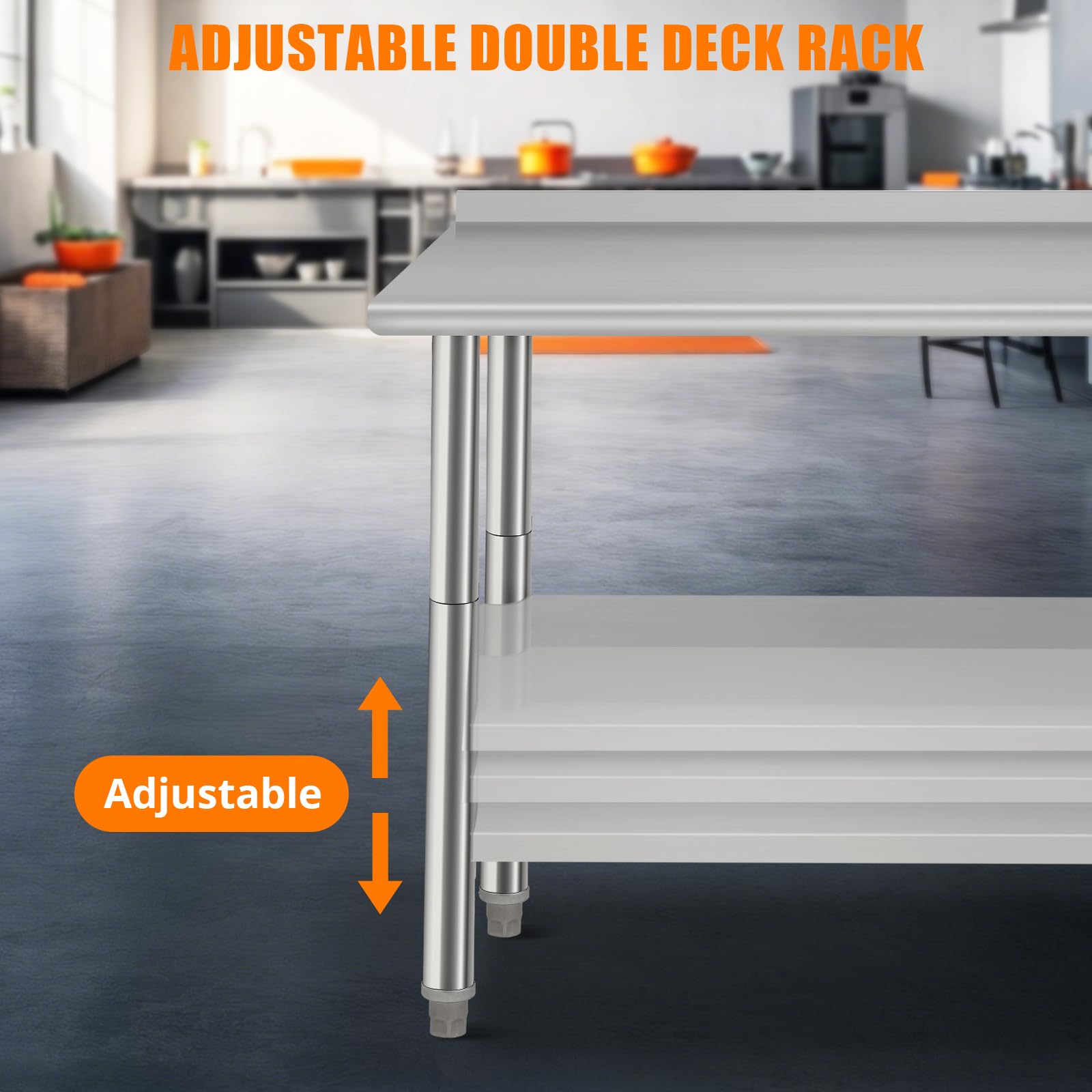 Garvee Mesa De Trabajo Comercial De Acero Inoxidable Certificada NSF – Ideal para Cocina Profesional, Restaurante, Panadería y Lavandería – Estante Ajustable, Respaldo y Ganchos Incluidos