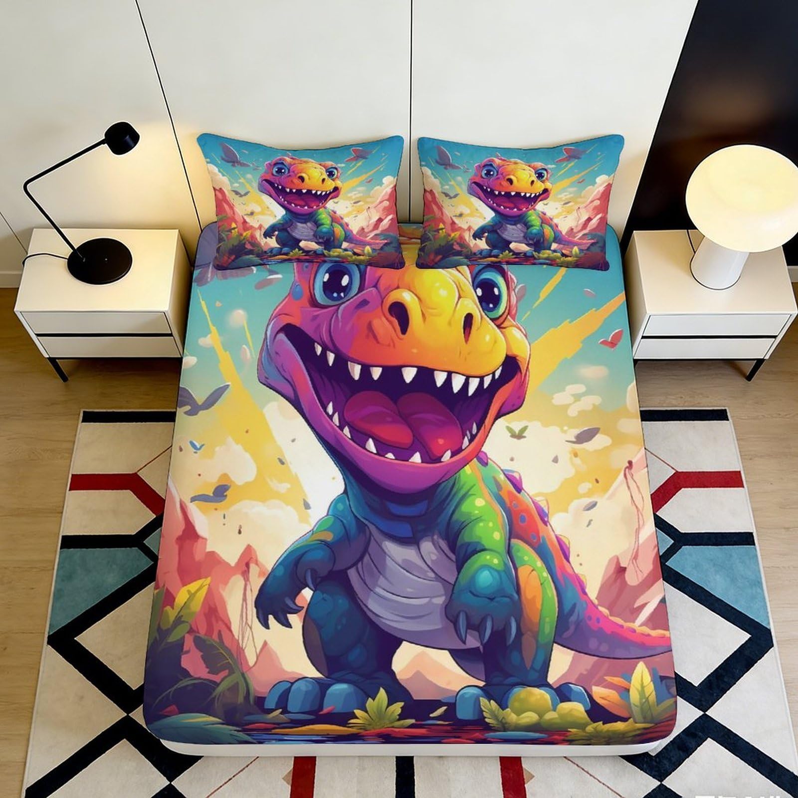 3D Printed Colorful Dinosaur Fitted Sheet Microfiber Soft Anti-Slip Cartoon Jurassic Bed Cover for Bedroom Dorm Decor 90x200x25cm