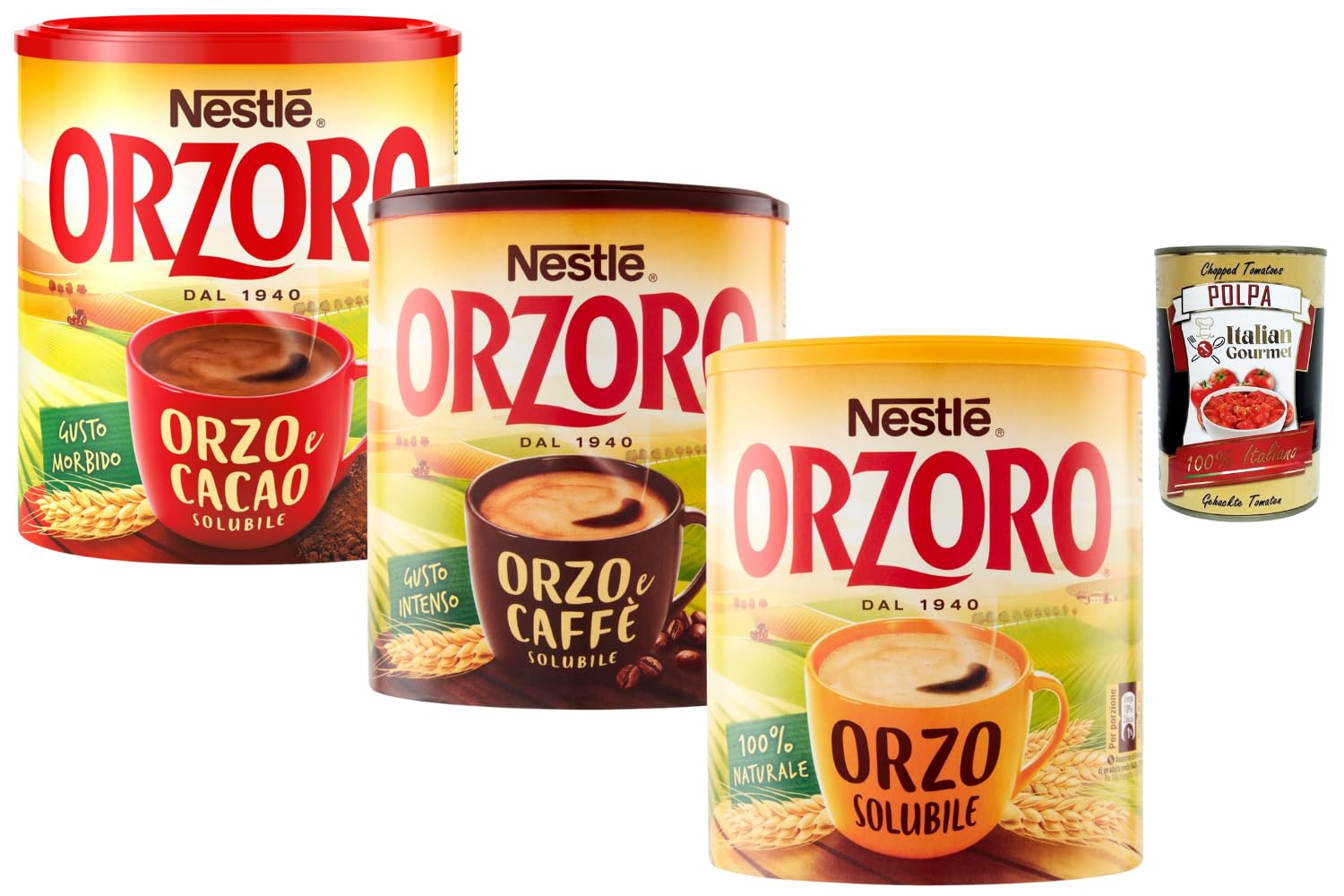 Italian Gourmet Orzoro Lot Mixte 2 x 120 g + 1 x 180 g (420 g) – Boisson chaude soluble à l’orge – Orge nature, orge & café, orge & cacao – Alternative au café, instantanée + Italian Gourmet polpa