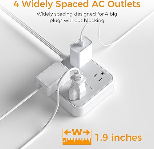 Miniatura 4 de TESSAN - Regleta protectora contra sobretensiones, enchufe plano, cable extensión ultradelgado 5 ft, 4 tomas corriente espaciados, escritorio,