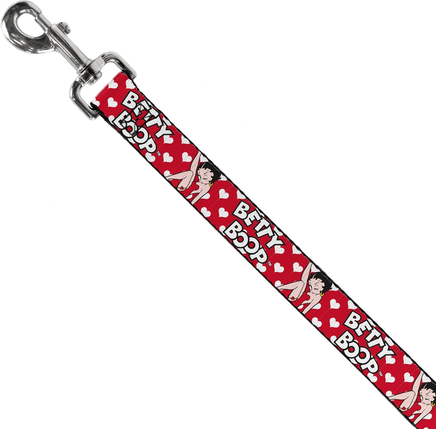 Fleischer Studios, Inc. Pet Leash, Dog Leash, Betty Boop Seated Leg Kick Pose Text Hearts Red White Black, 6 Feet Long 1.5 Inch Wide